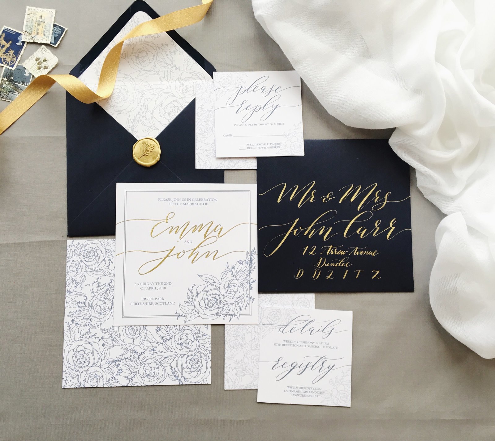 Navy and gold wedding invitations