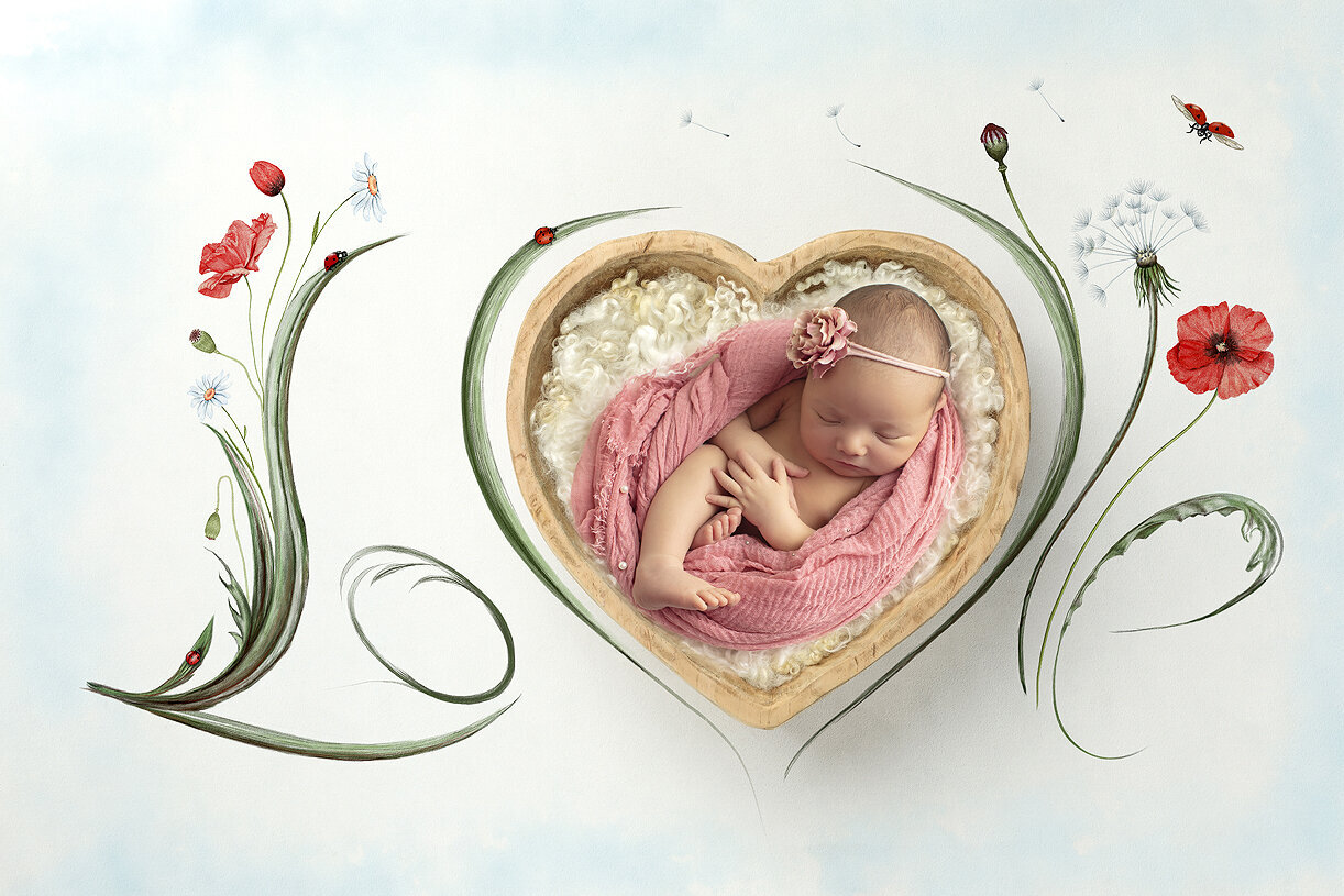 Newborn girl in bowl spelling out LOVE.