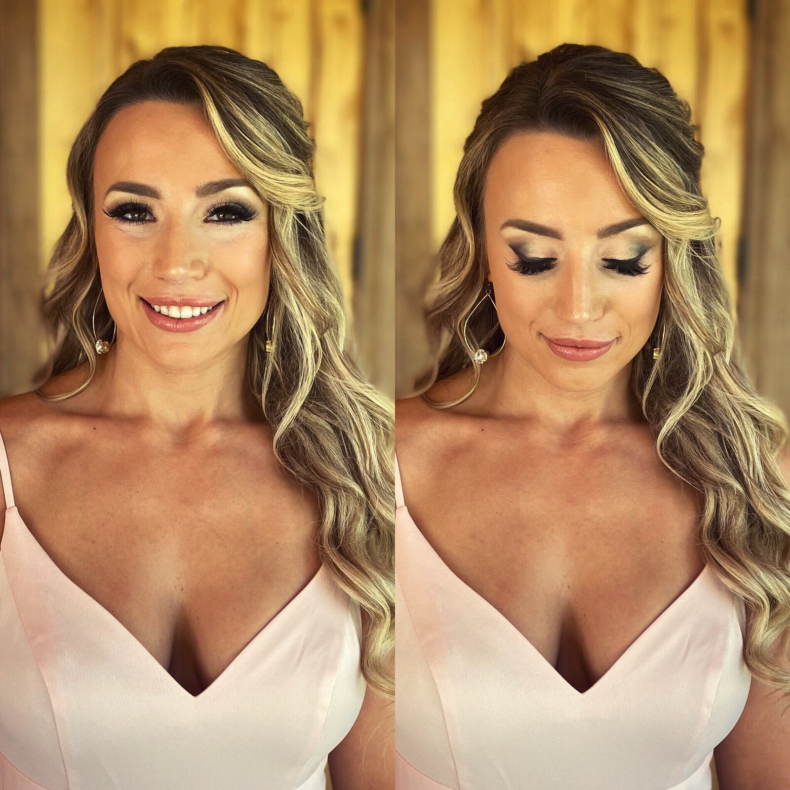 A woman in a light pink dress, with long wavy hair styled in an effortless wedding hairstyle, smiles in one photo and looks down in the other, against a wood background.