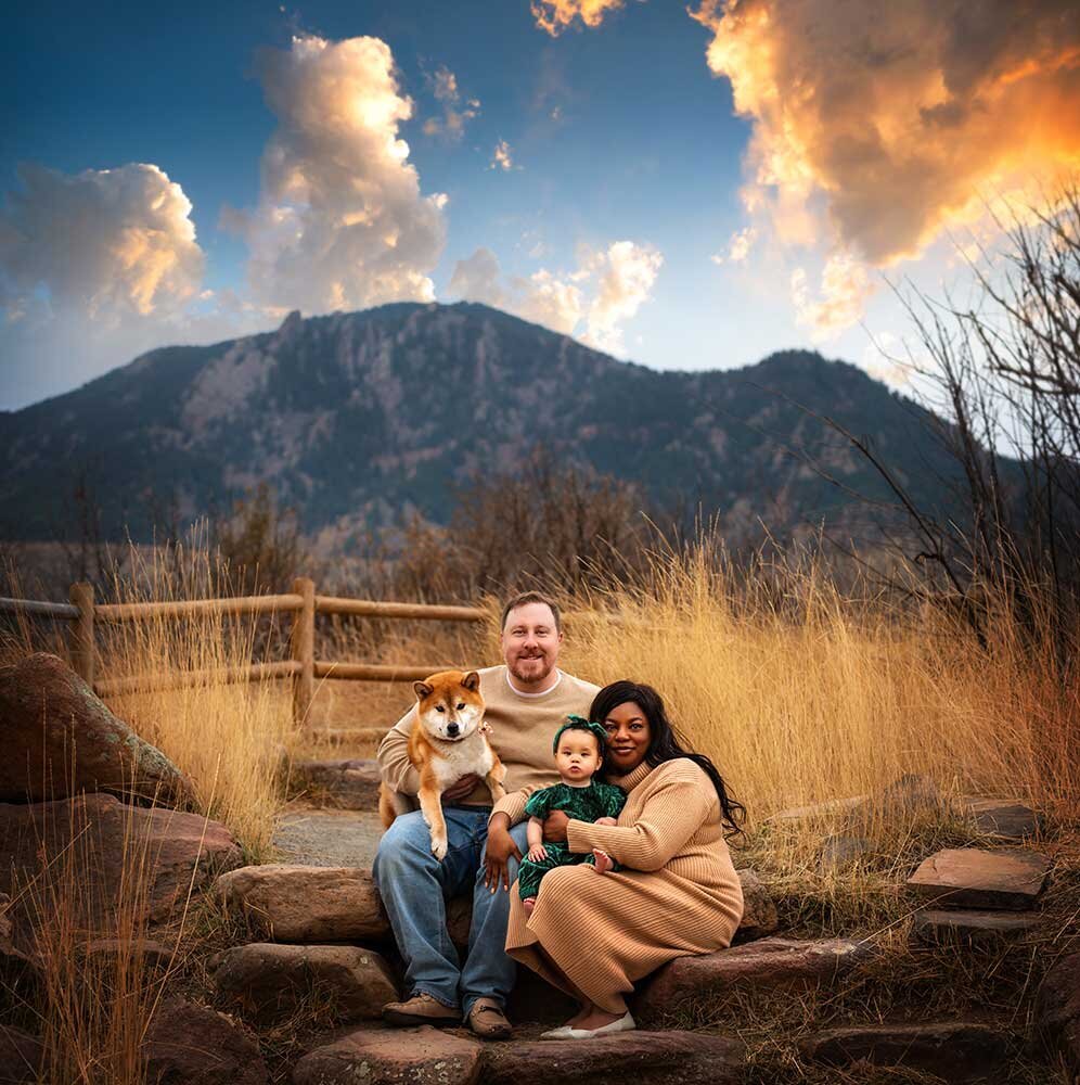 boulder-mountains-sunset-baby-multi-cultural-family-Shiba-Inu-sunset-dog-colorado-museum-canvas