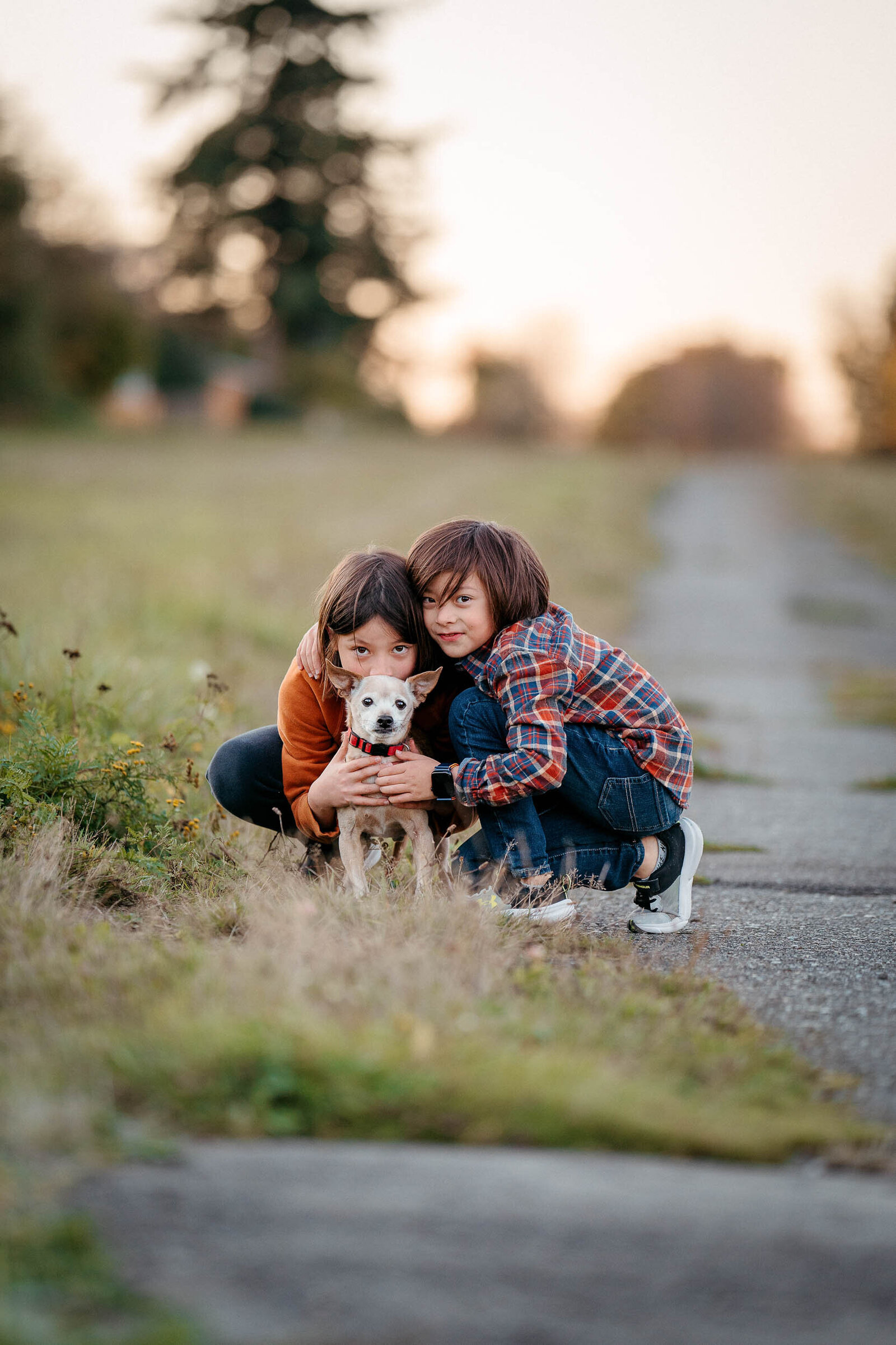 Heartfelt moment of two sons hugging their dog in warm golden hour light, full of love and connection.