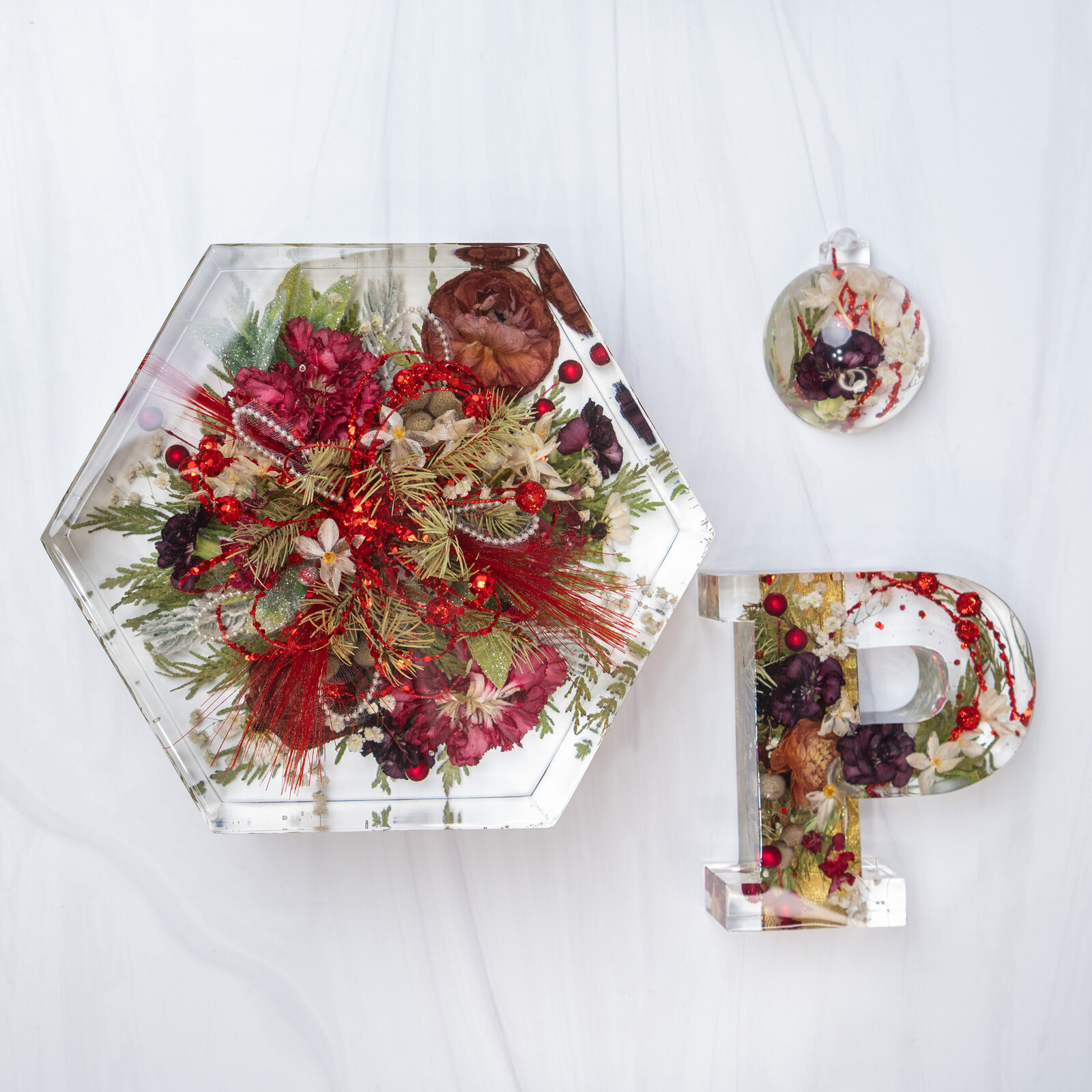hexagon9 monogram ornament red green charm pearl  ribbon bout christmas holiday white KelseyB