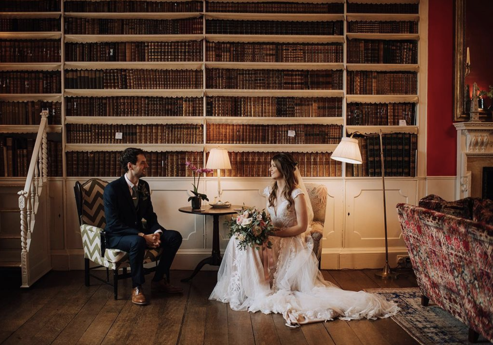 Bridea nd groom in the library at Iscoyd