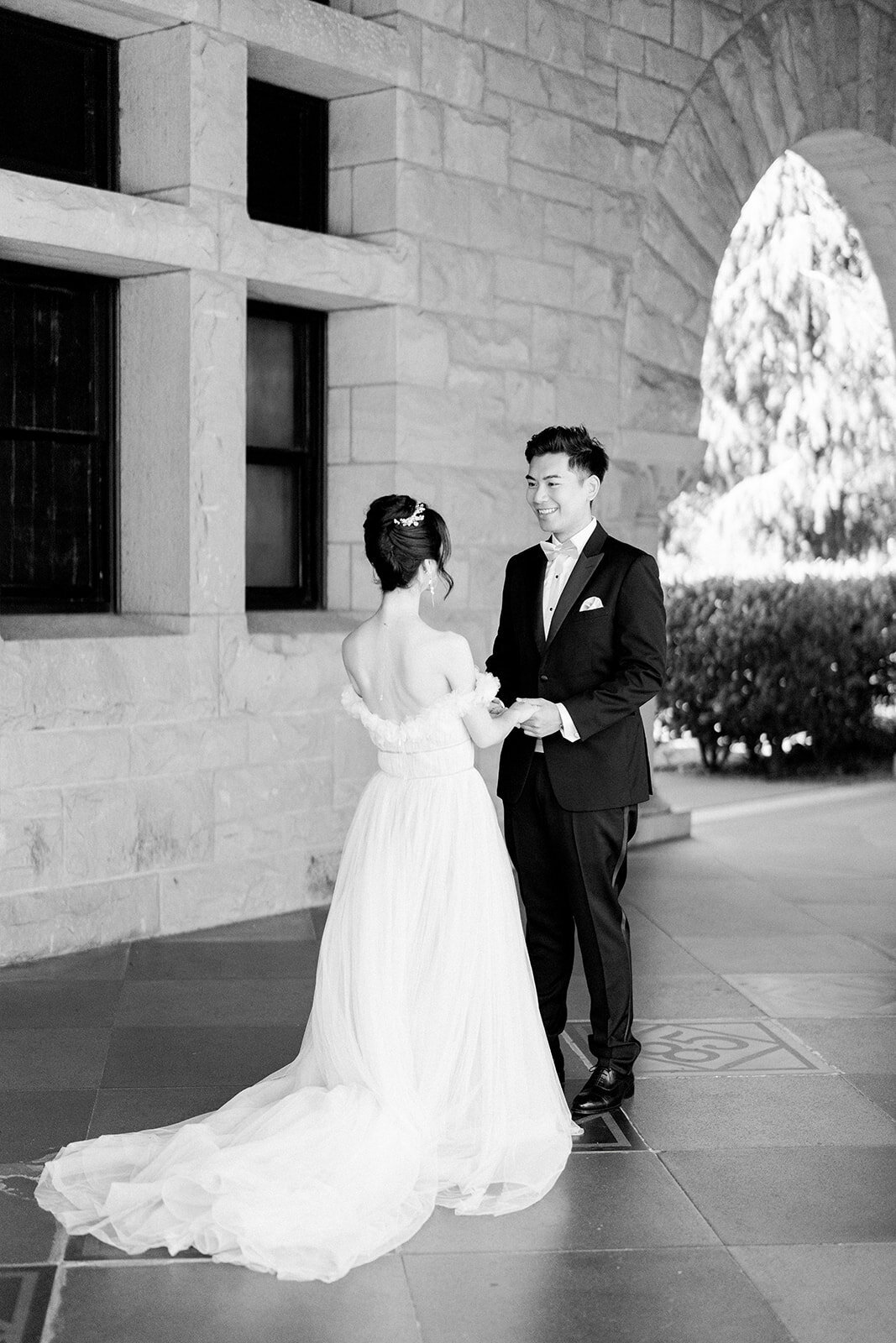 A timeless black and white portrait of the bride and groom, capturing their love and elegance at Stanford University.