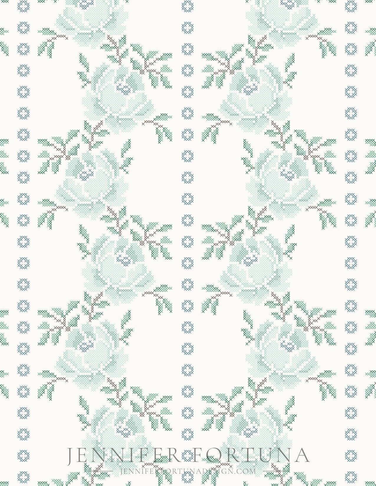 Cross stitched flowers in a vertical design separated by small row of cross stitched bubbles