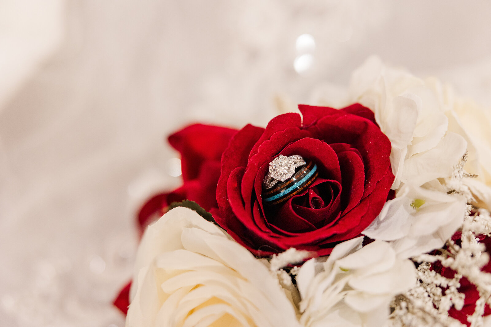 Wedding ring aesthetic photography with bouquet