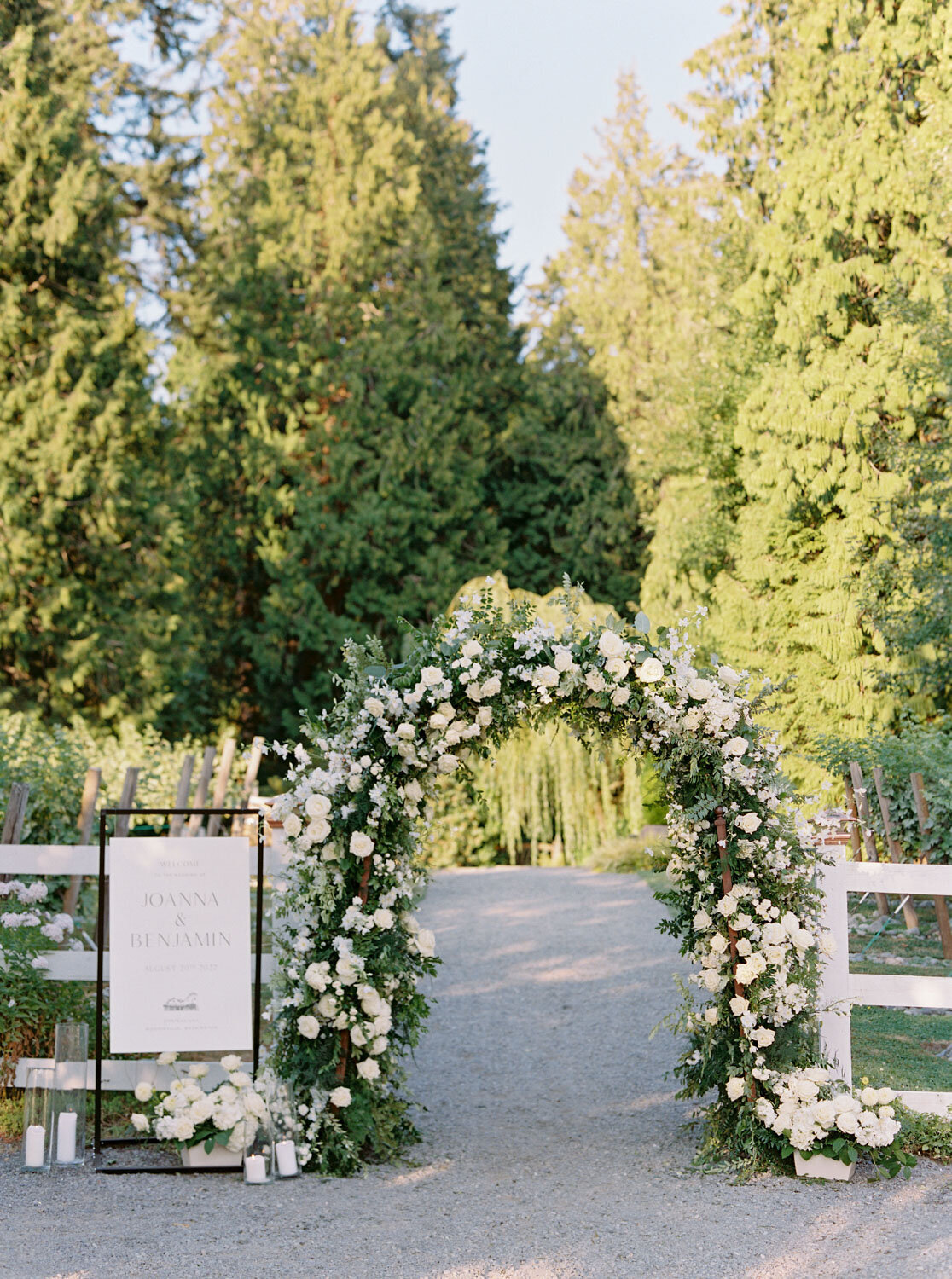 Floral arch at a wedding entrance