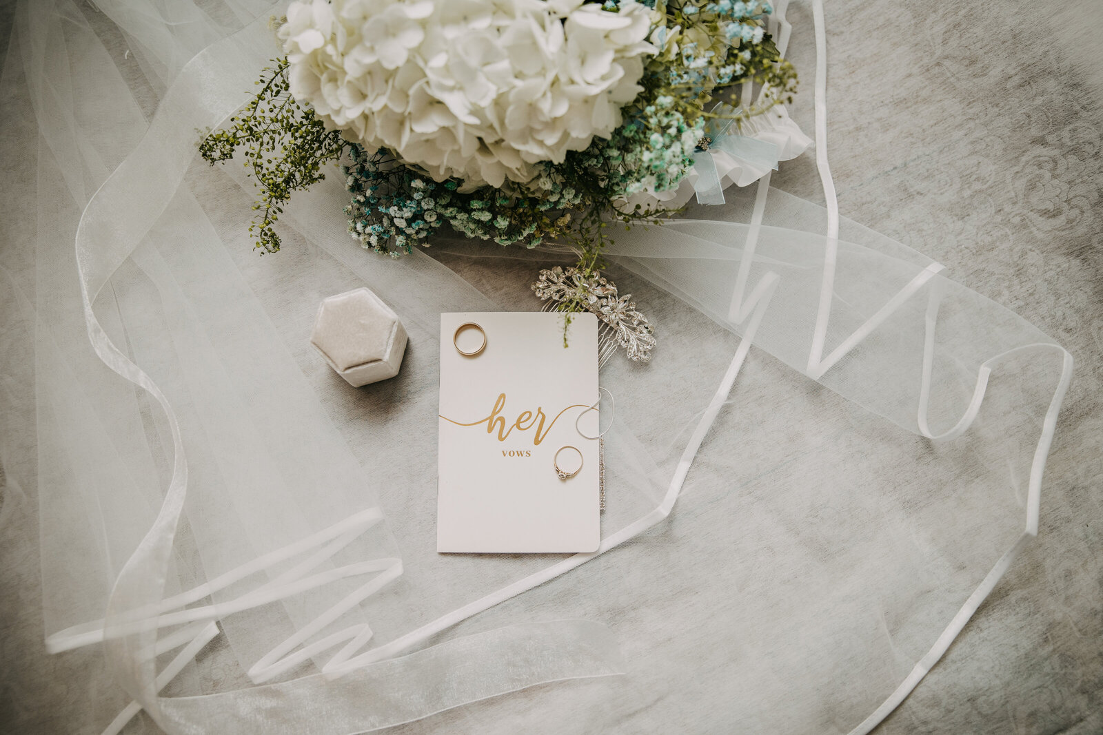 Flat lay of bride's vows, wedding rings, and bridal bouquet, all laid across the bride's veil for a timeless detail shot.