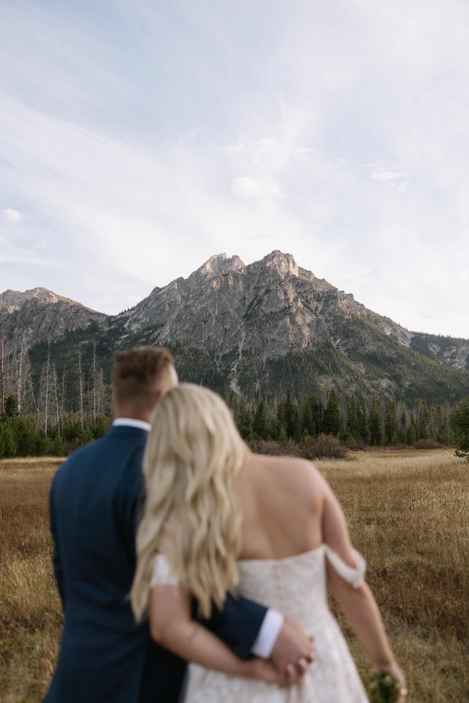 Bride and groom embrace while admiring scenic view of Sawtooth Mountains in Idaho