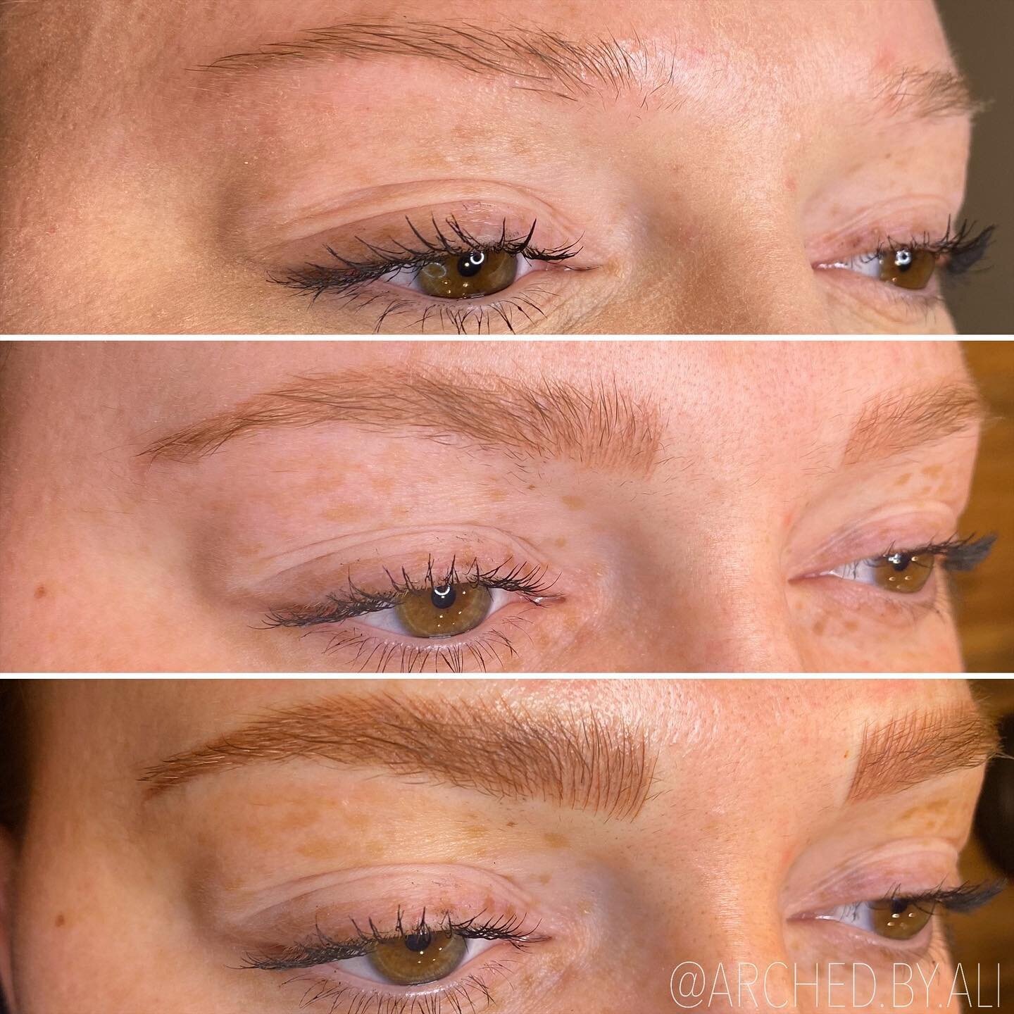 Female enhanced eyebrows that look naturally fluffy, through nicroblading services at ARCHED Coastal in Gulf Shores, Alabama.