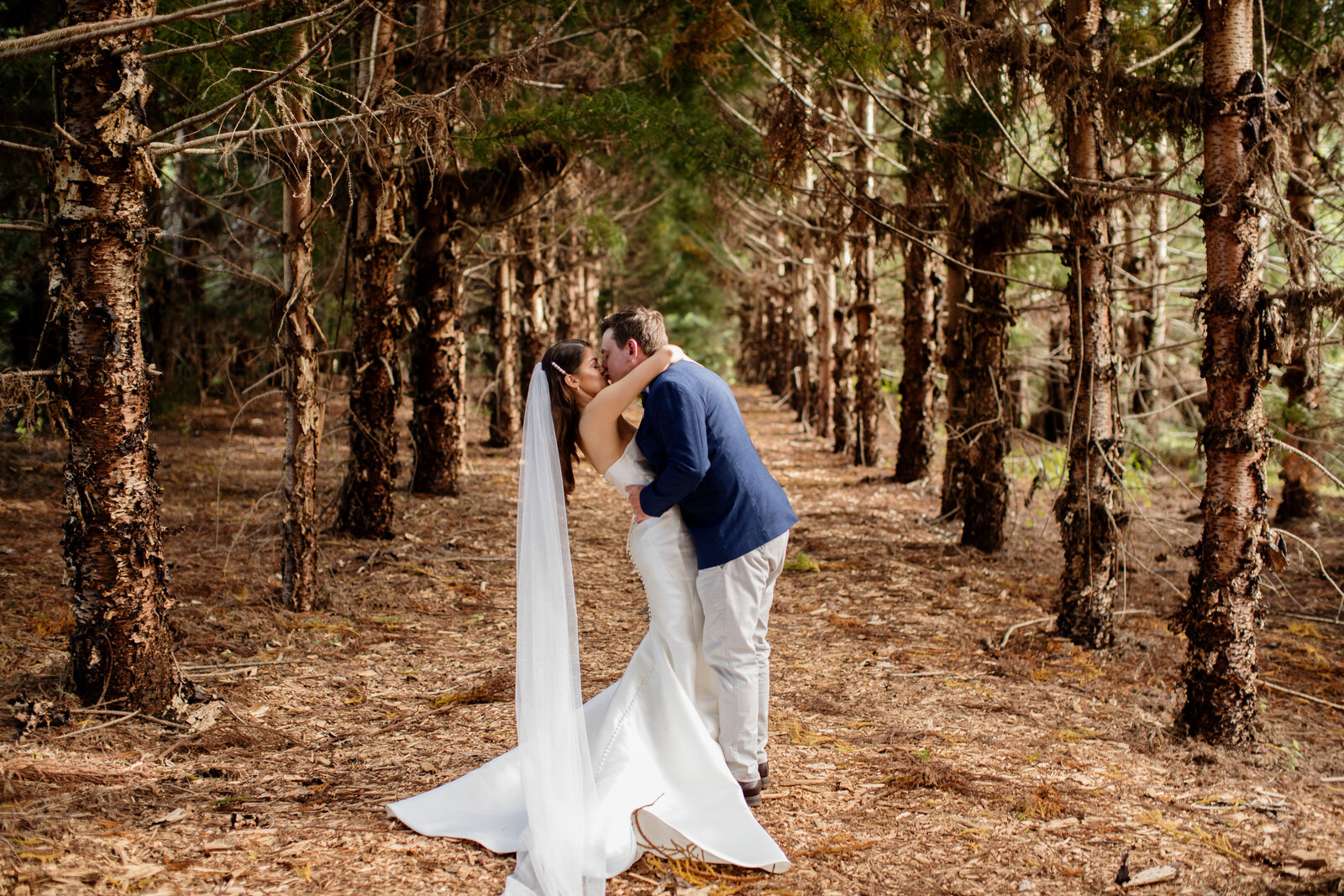 Wedding couple kissing in the middle of the woods