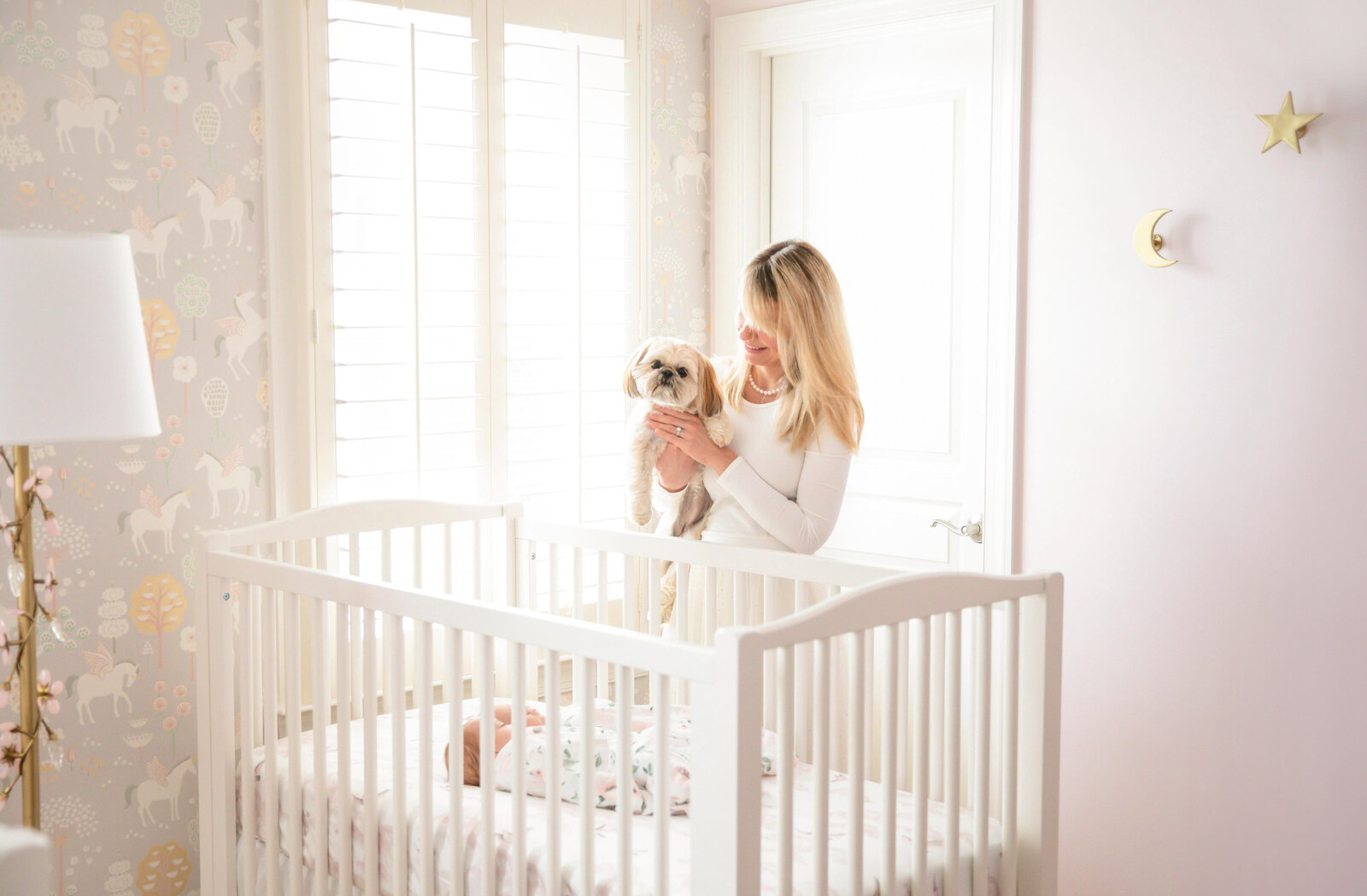 Northern Virginia Newborn Photography of mom holding dog looking down at baby in crib