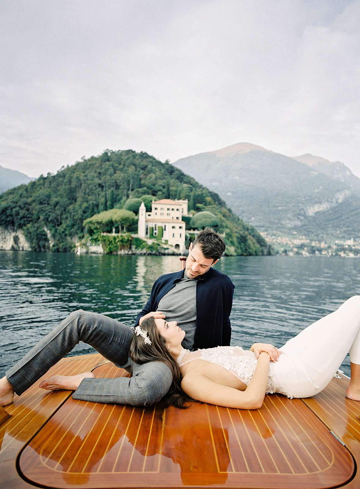 Boat engagement session on Lake Como Italy photographed by Lake Como wedding photographer Amy Mulder Photography