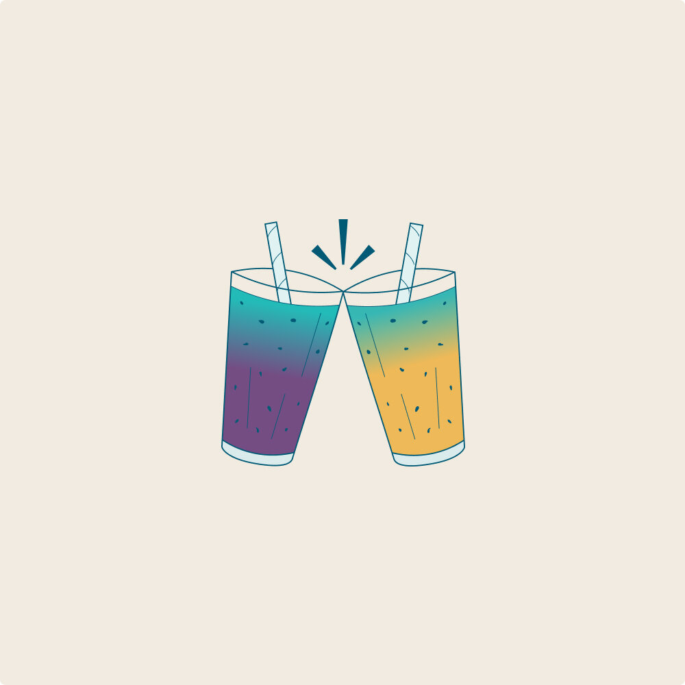 Illustration of two purple and yellow smoothies clinking.