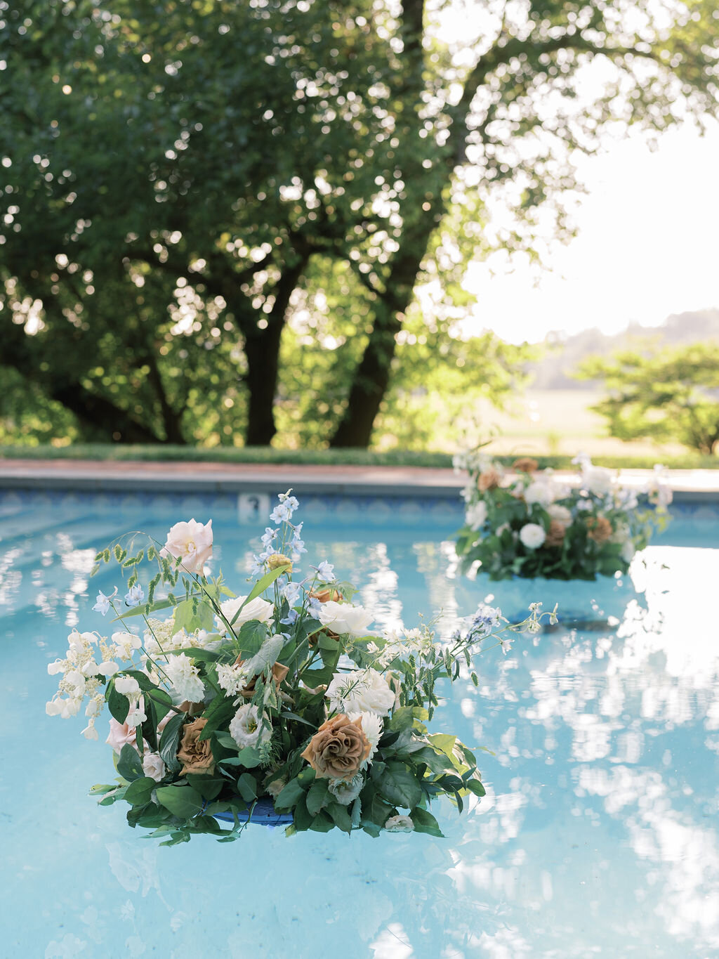Floating floral arrangements in the pool including wild oat, toffee roses, blush garden roses white lisianthus, blue delphinium, white dahlias and seasonal foliage.