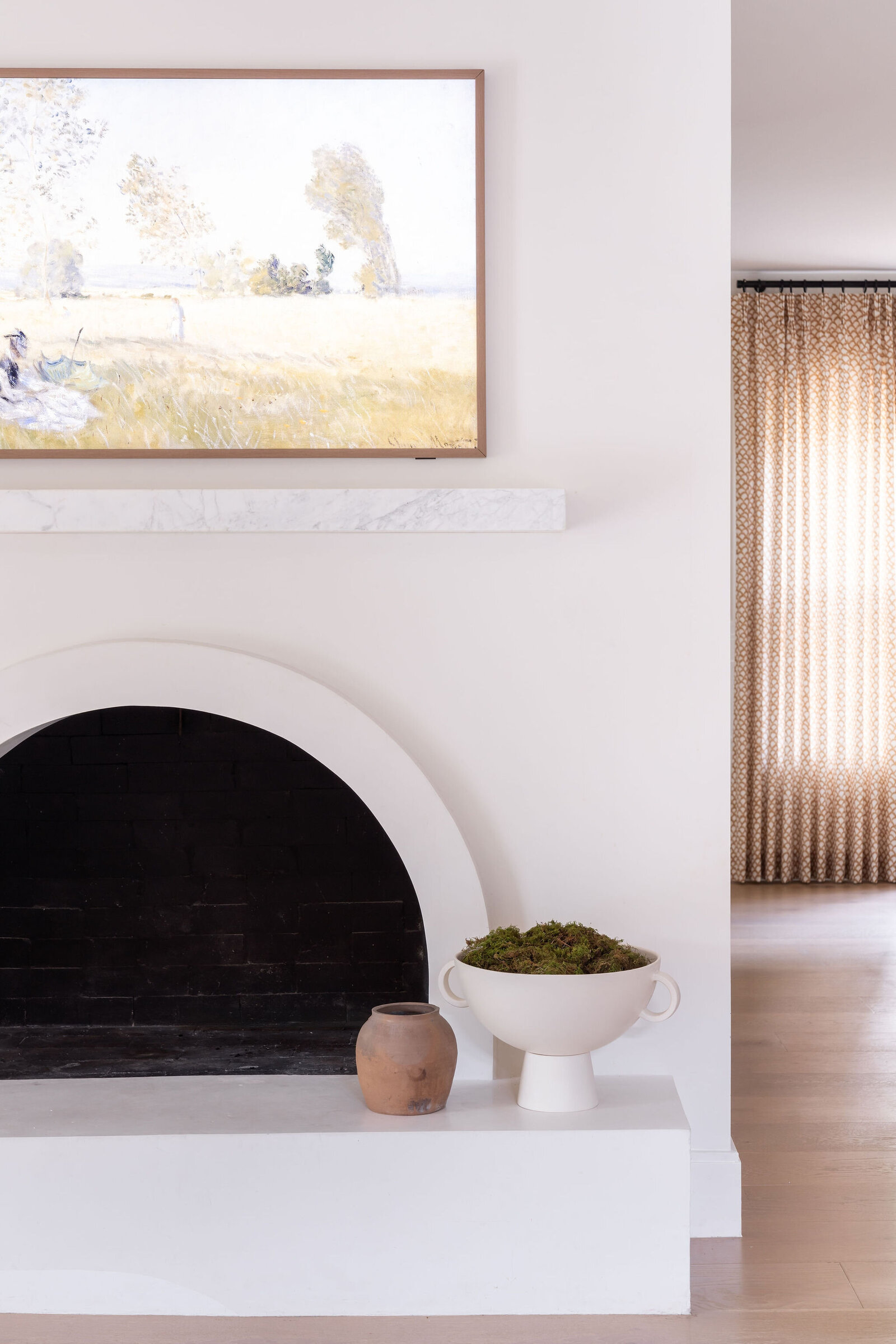 Nuela+Designs+Arched+Plaster+Fireplace+Living+Room+Marble+Mantel