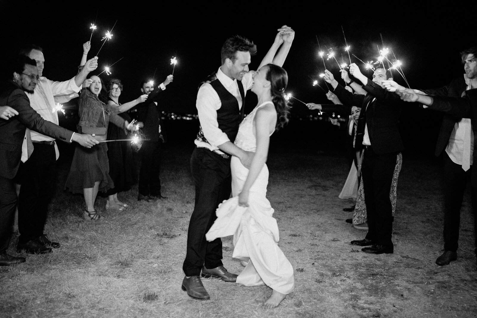 Wedding Send off with sparklers in Field and Pond Vashon Island Washington - Tony Asgari Photography