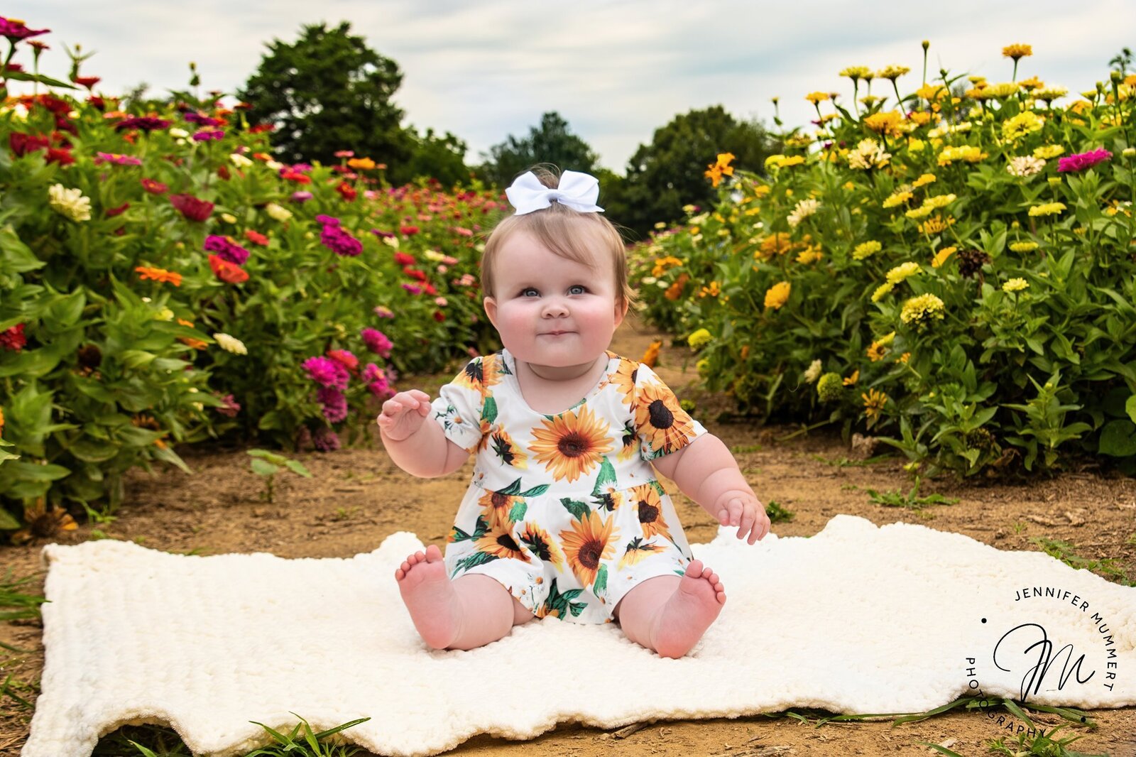 Baby girl sitting in flower field
