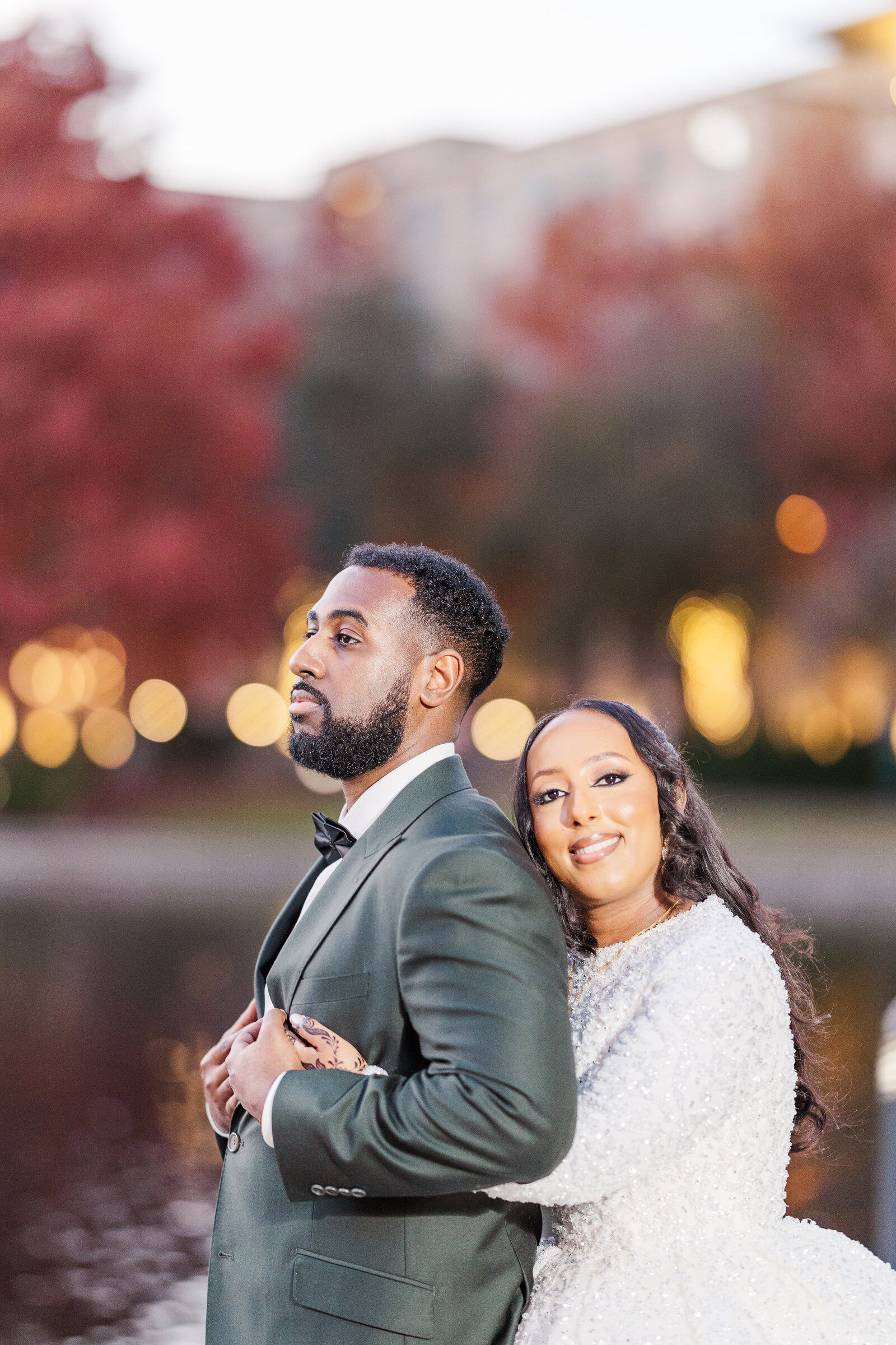 Bride and groom posed couple shots outdoor