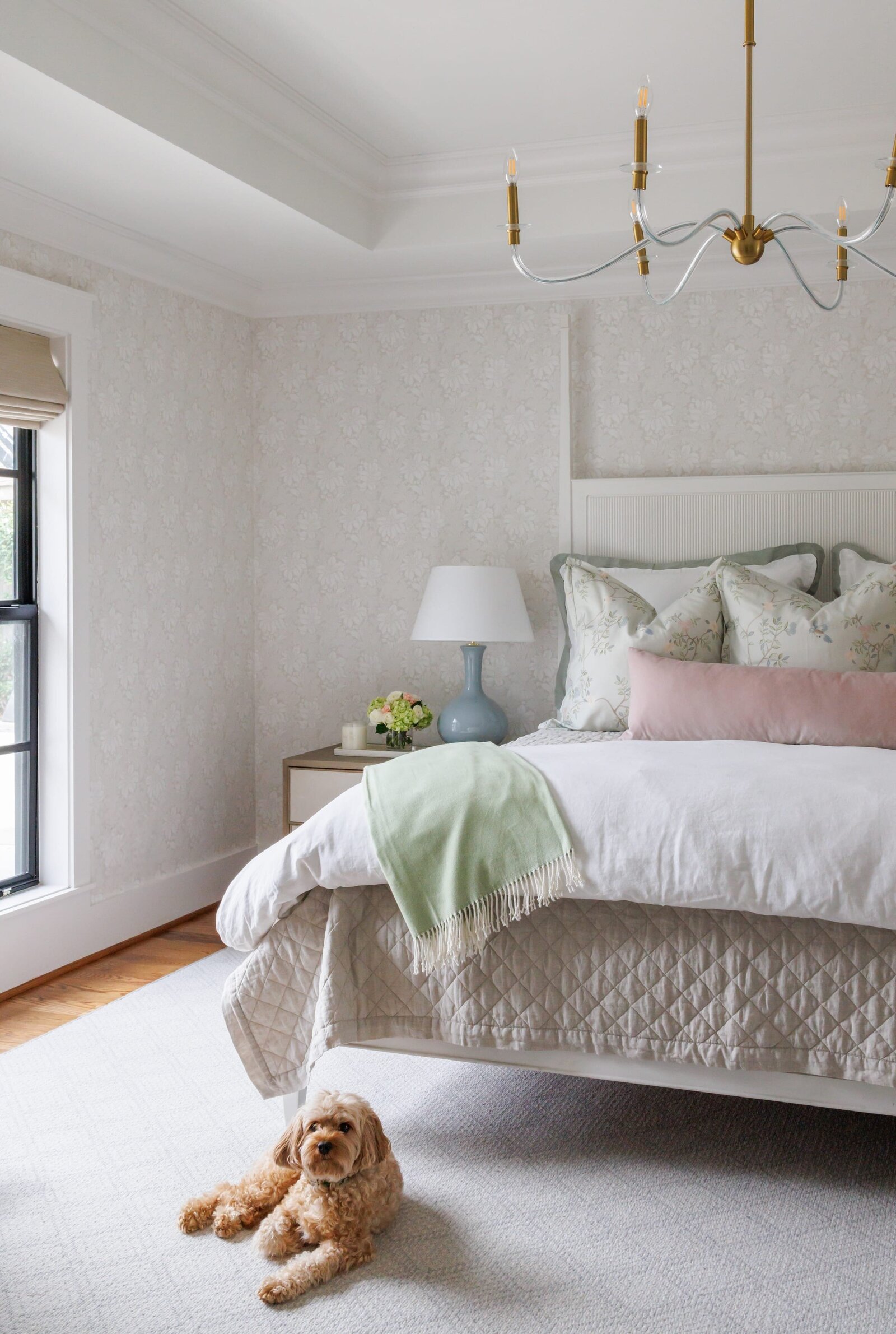 vision and hammer interior design bedroom with soft neutral wallpaper and wooden floors