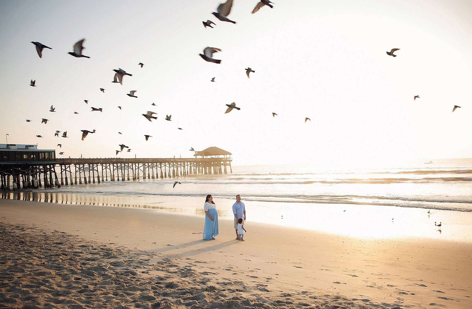 A couple strolls along the beach, with birds soaring above during a maternity photography session by Bia Schaefer.