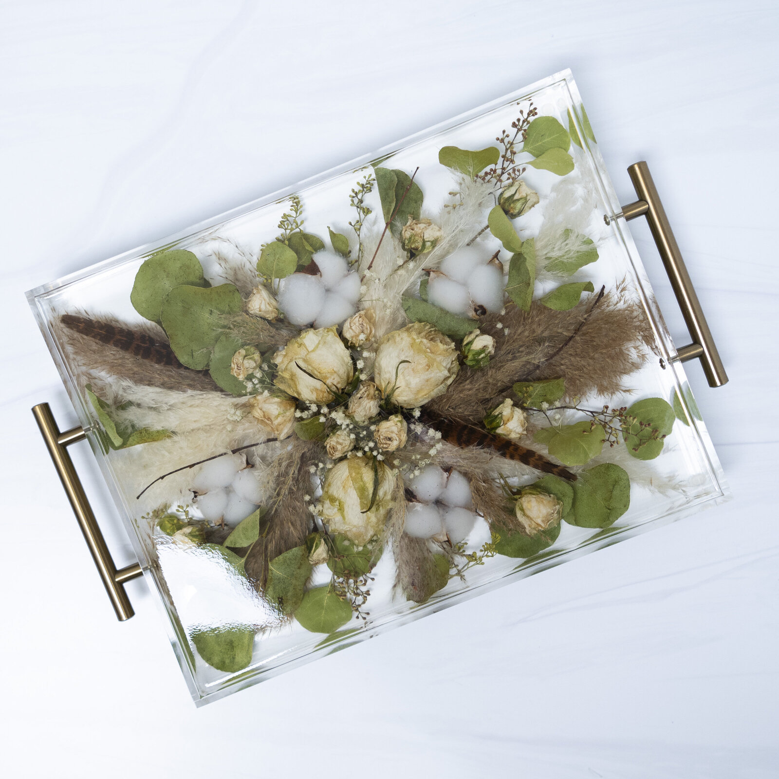 tray dried feather cotton pompas white brown green BrendaS