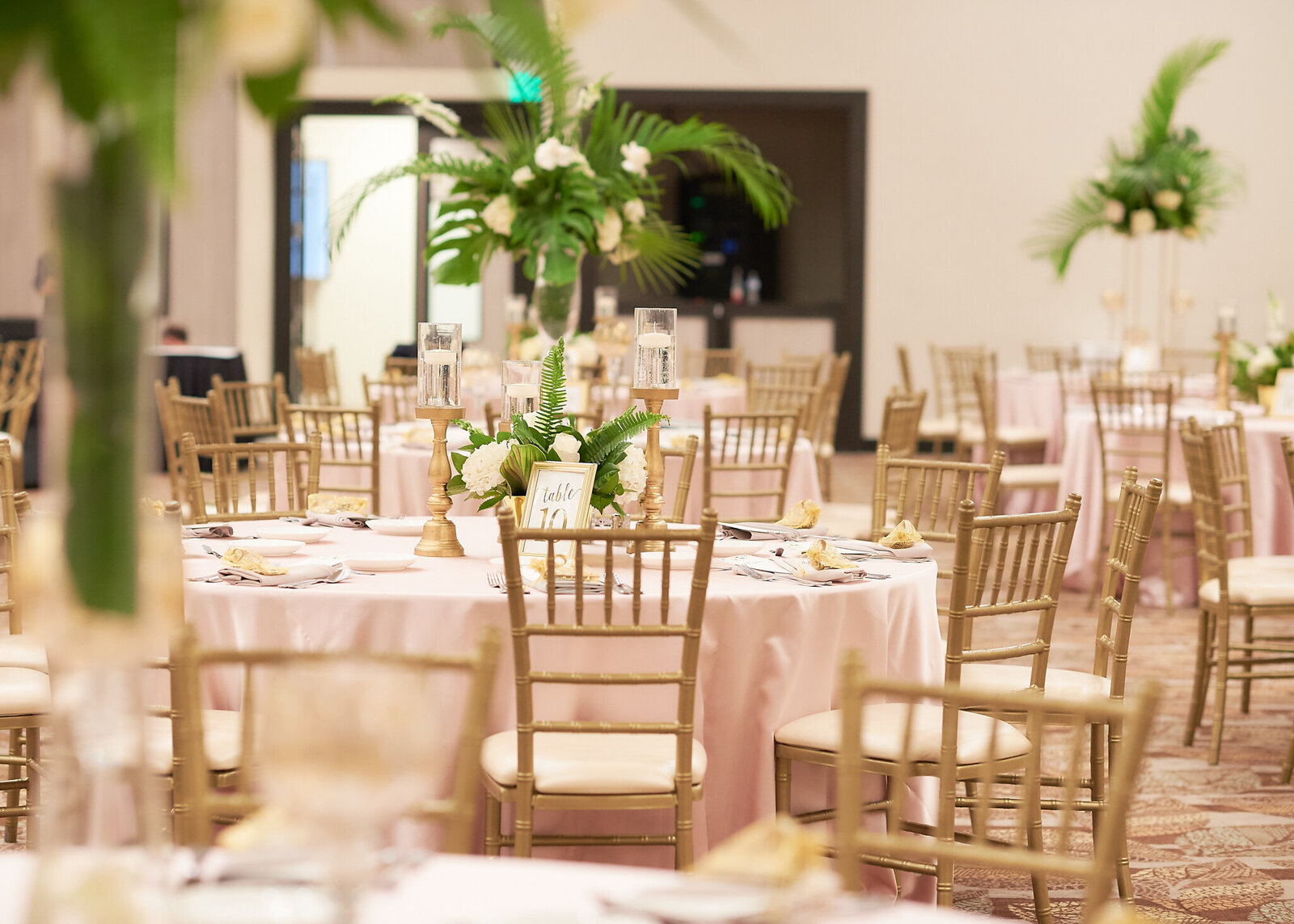 reception hall table setting and decor