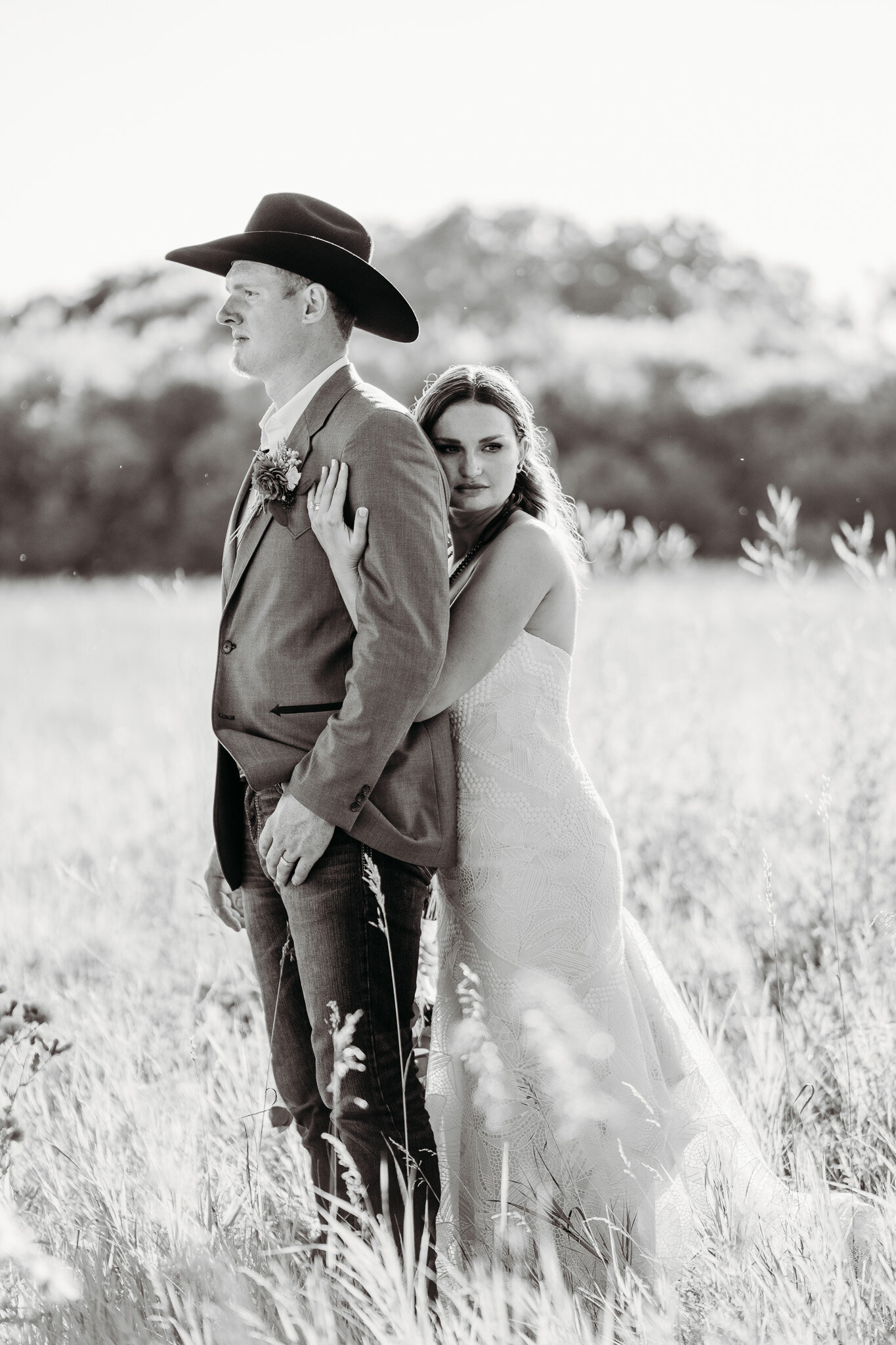 bride and groom in a prairie 