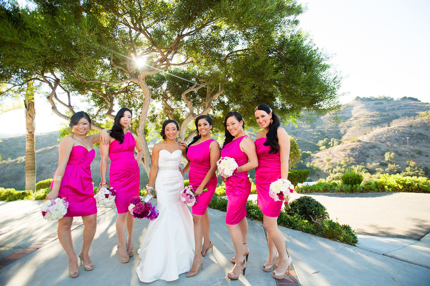 bridesmaids with pink dress
