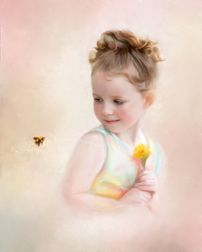 girl holding flower, bumblebee