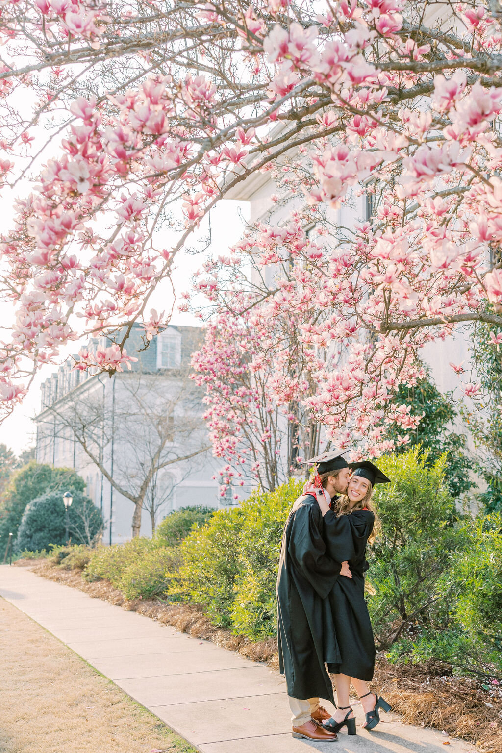 Girl and guy wearing graduation robes kiss under cherry blossom tree on UGA campus
