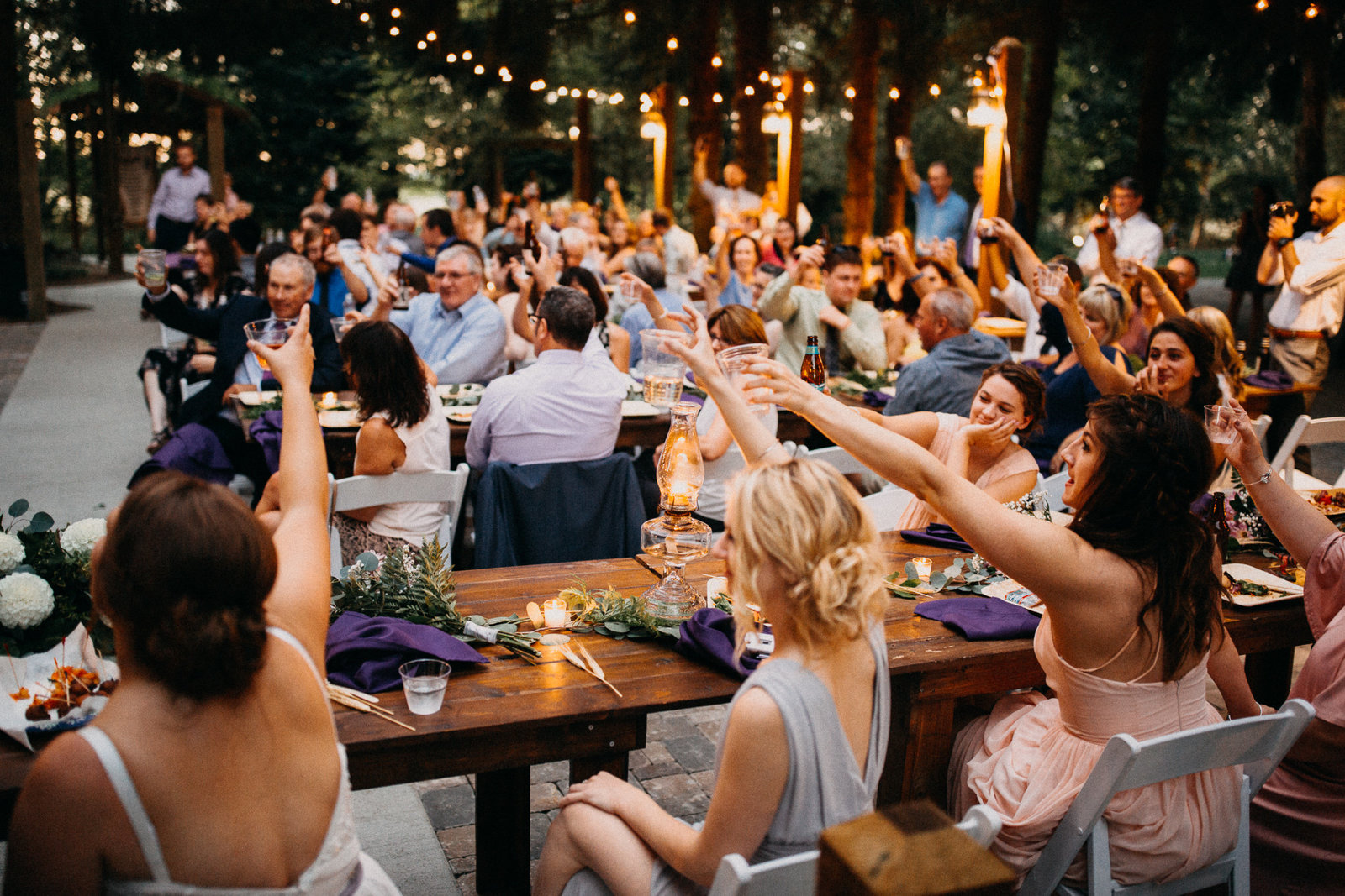 Wedding guests toasting the bride groom at an outdoor ceremony.
