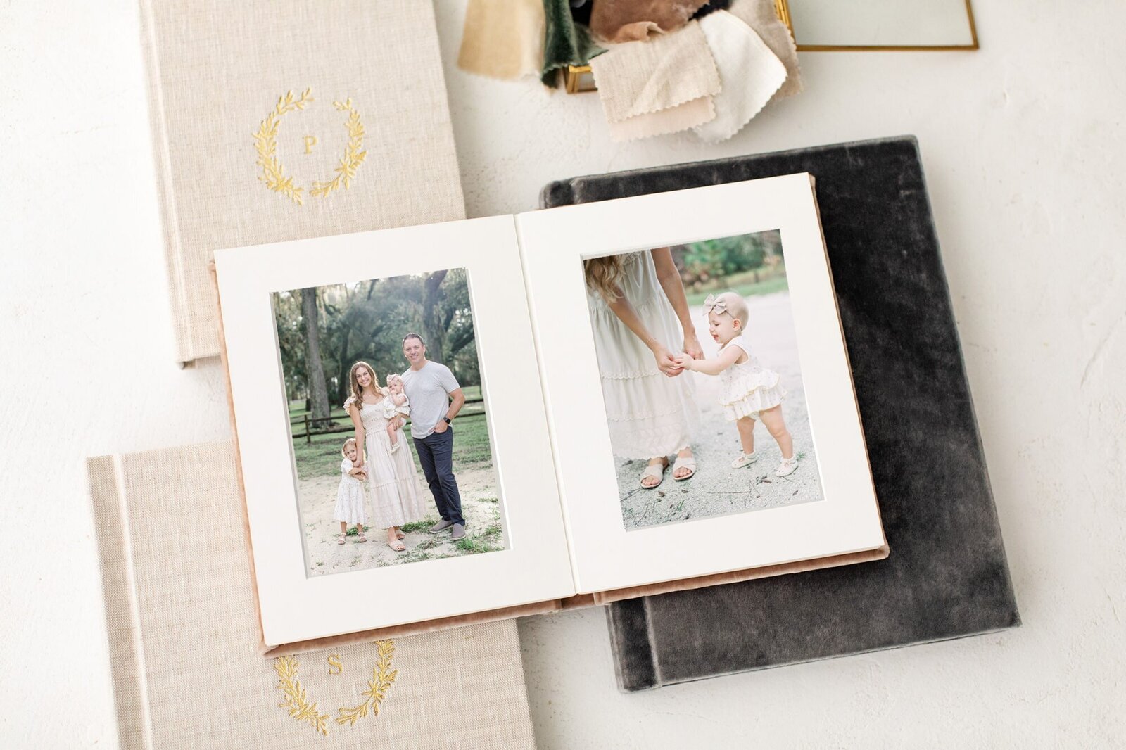 family session in a matted album by Orlando lifestyle photographer