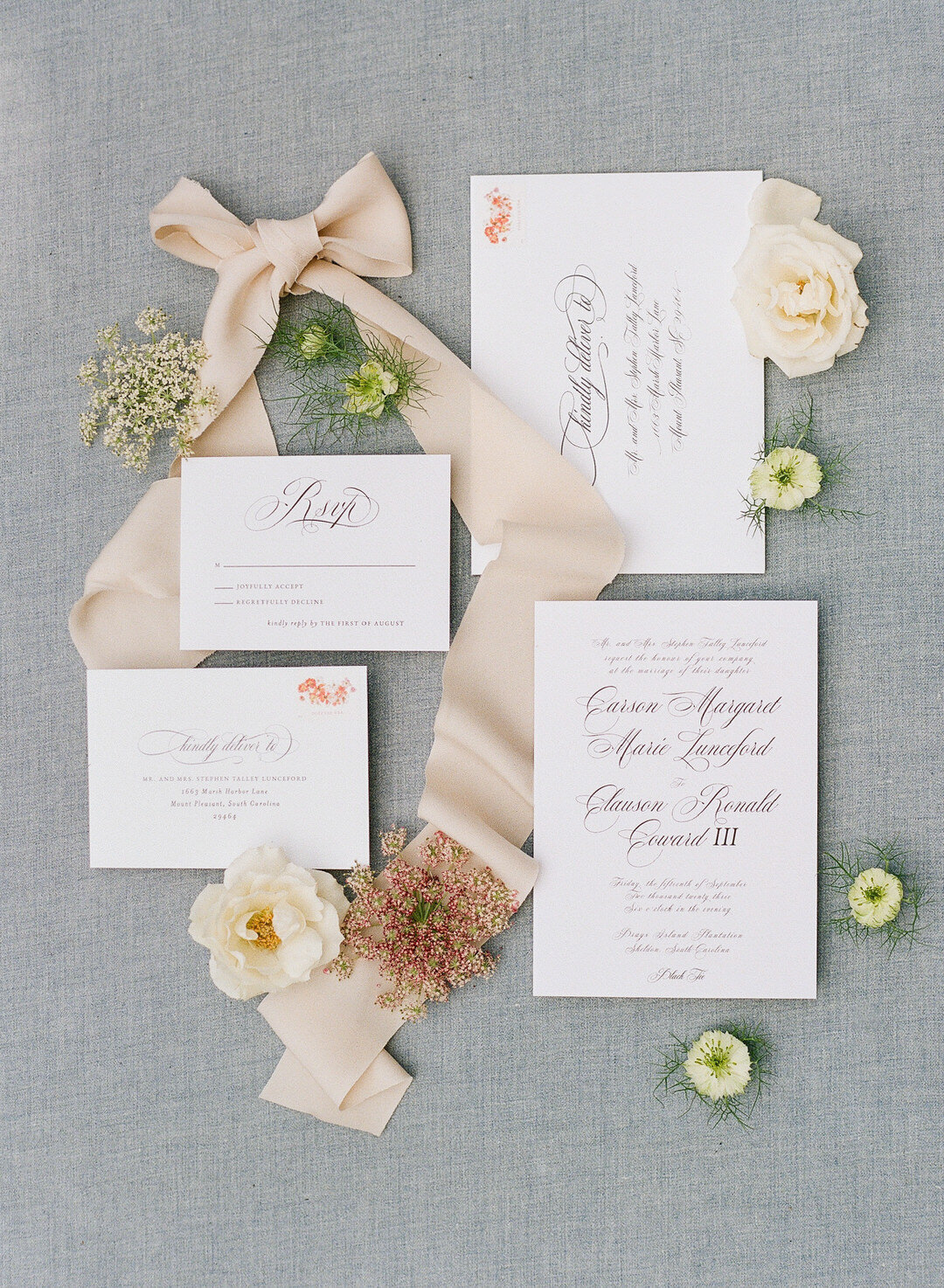 Wedding Invitation Suite with Ribbon and flowers