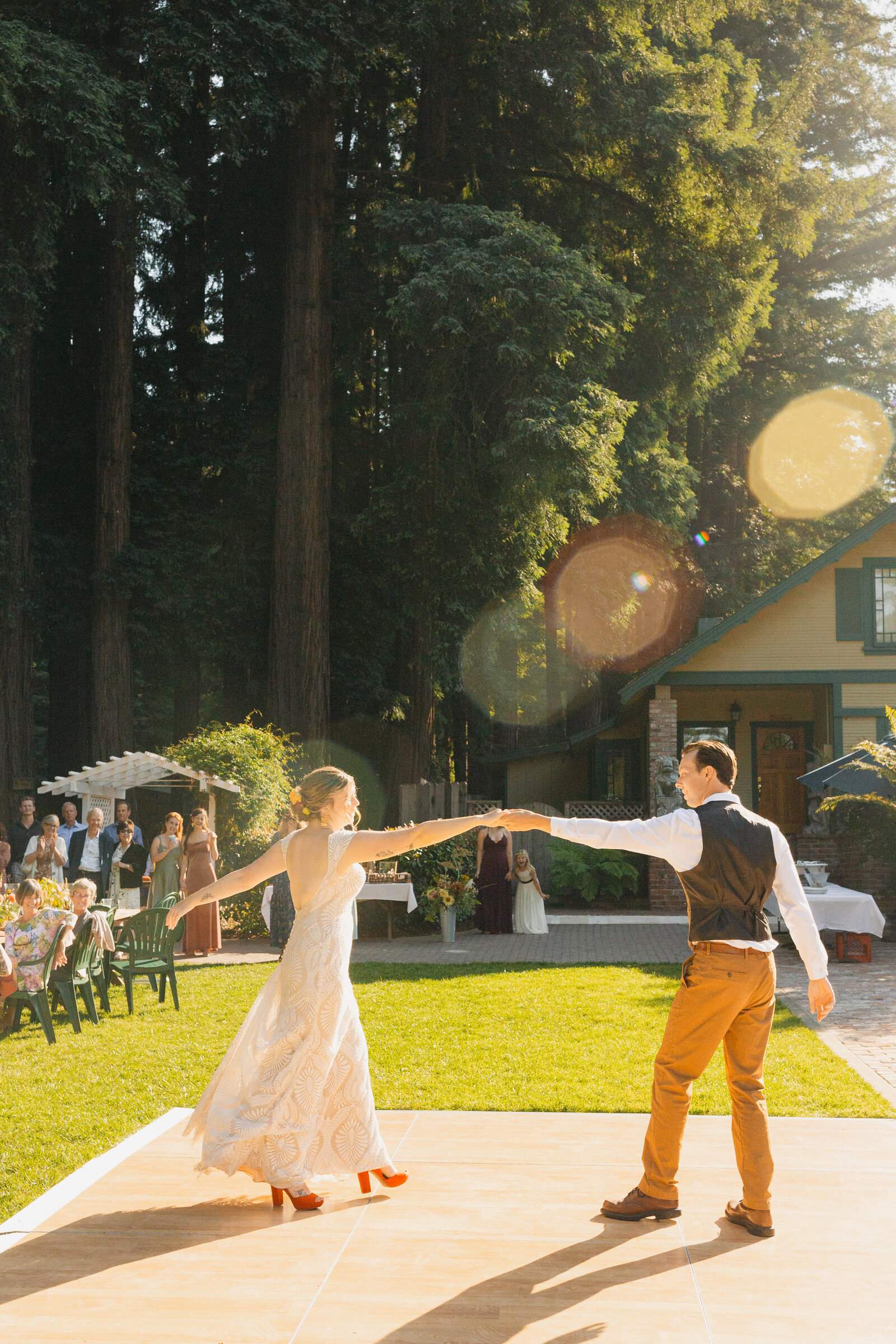 Colorful wedding reception in Santa Cruz, California in the redwood trees.