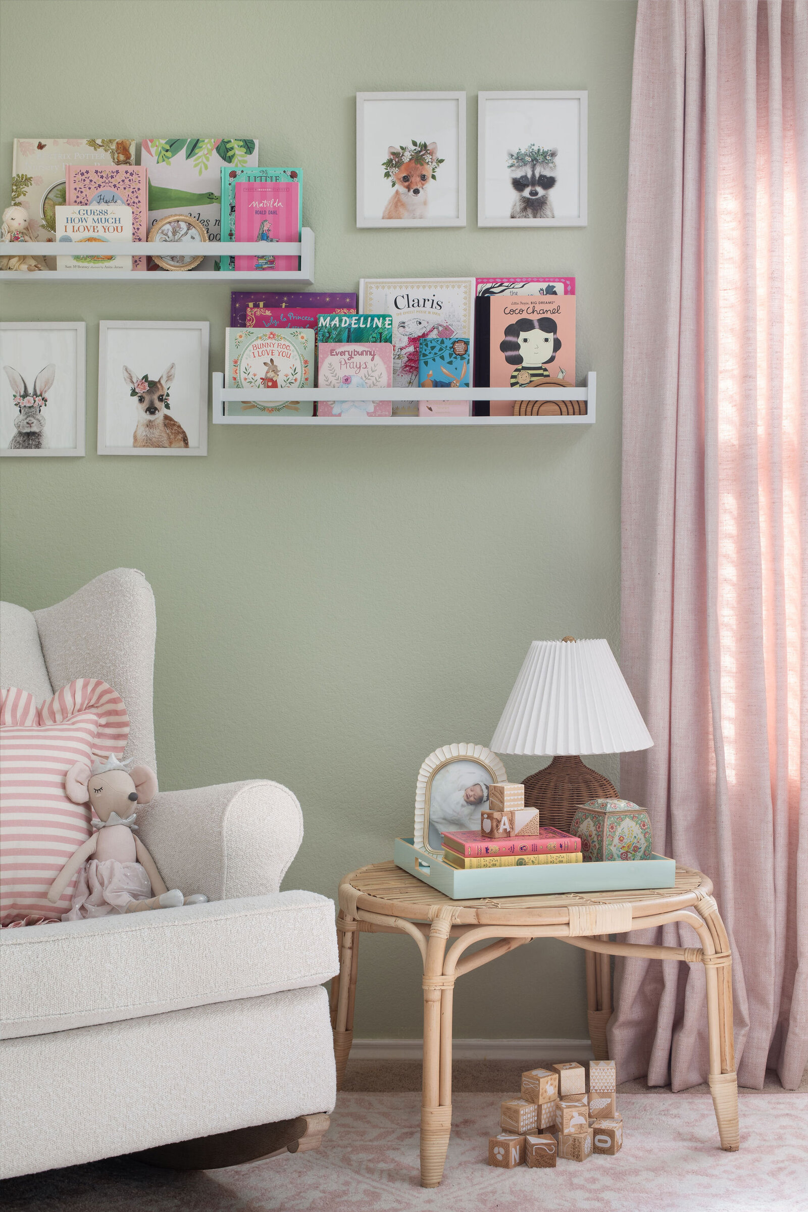 Nuela Designs Girl Nursery Pink Drapery and Rattan Table
