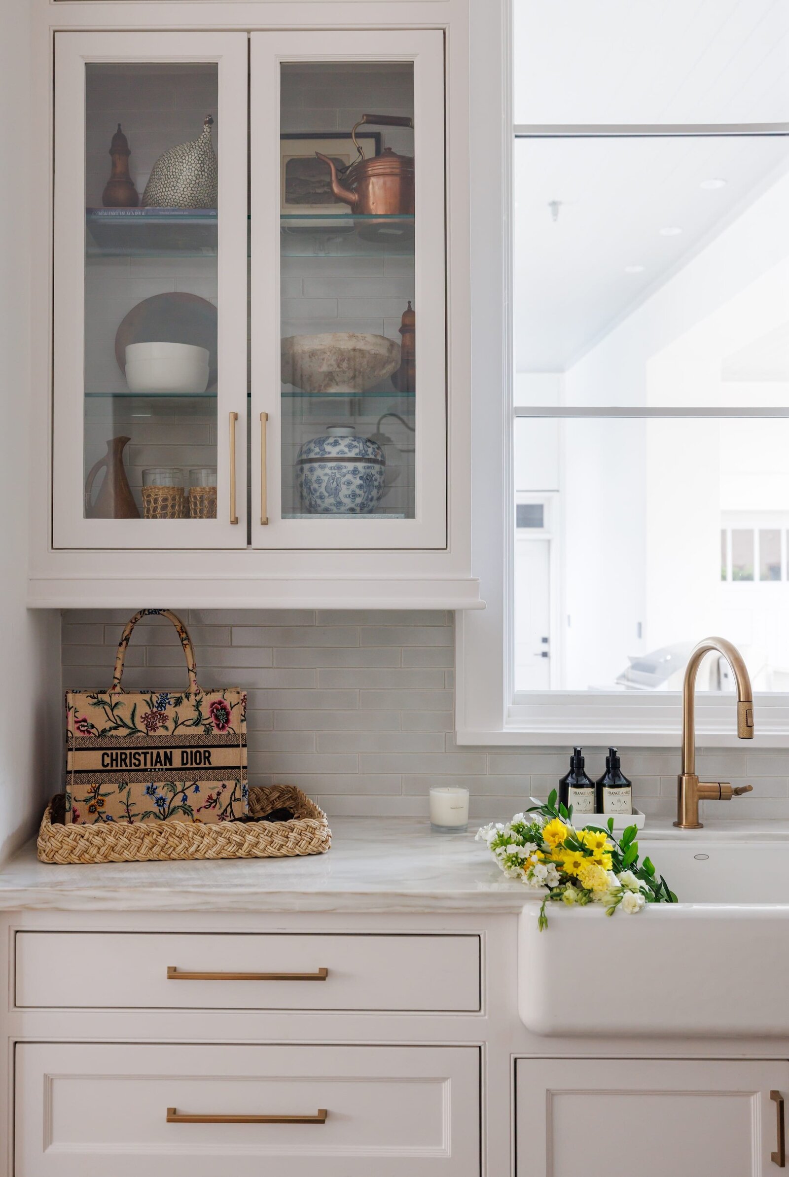 vision and hammer styled shelves in glass cabinet doors