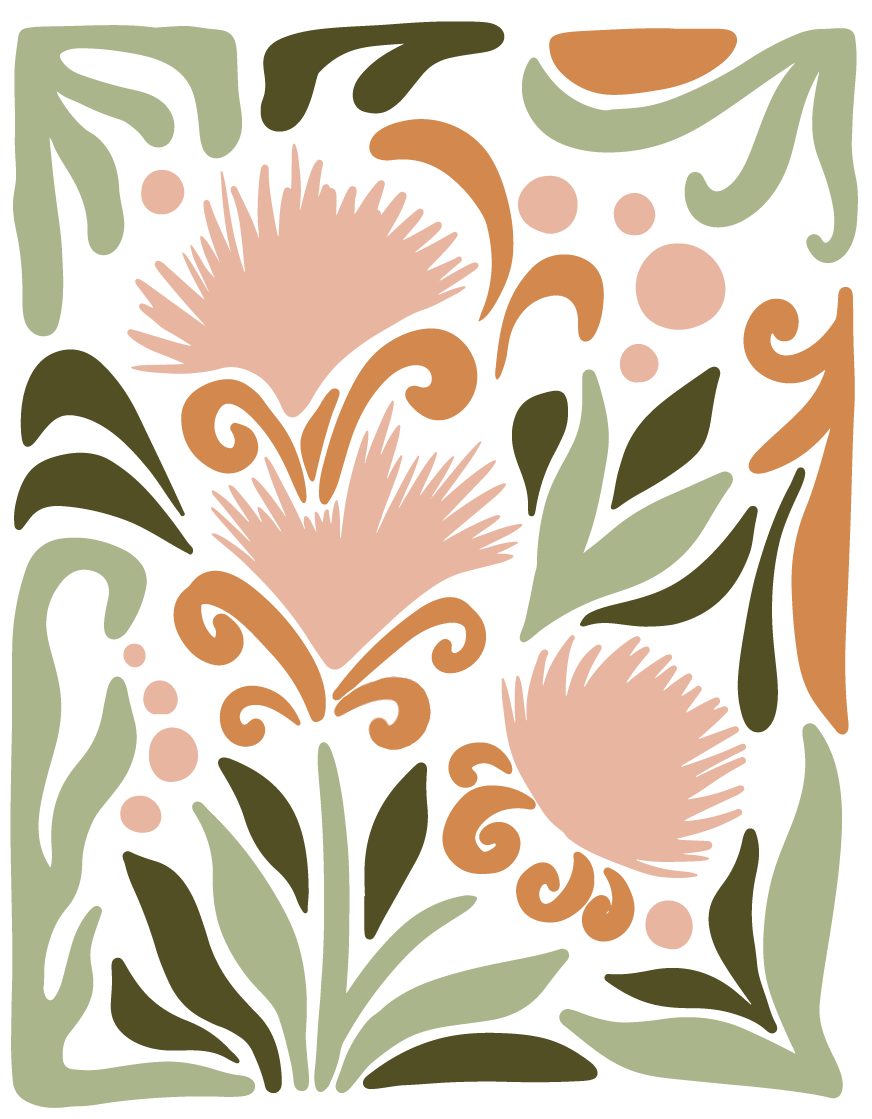 A series of intricate botanical illustrations in soft green, peach, and white tones. These decorative patterns reflect the natural, organic essence of the Herbalista Love brand, highlighting its connection to nature and wellness.