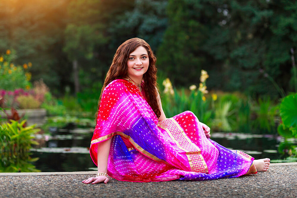 colorful-high-school-senior-stargate-multi-cultural-indian-irish-monet-garden-water-lilly-traditional-attire-denver-botanic-garden