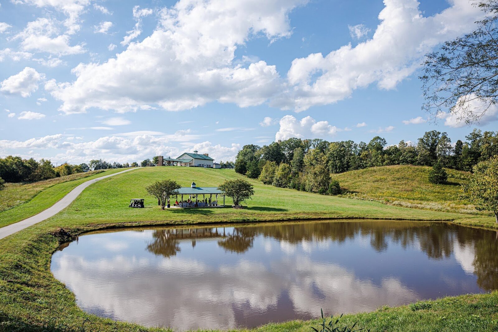 Bridal shower at the pond pavilion at Willow and Stone Events, NC, on a beautiful day with blue skies, puffy white clouds, and rolling green hills all reflecting in a tranquil pond