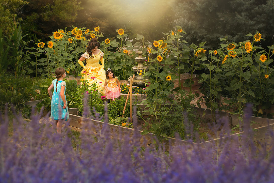 2-girls-sisters-gardener-todd-creek-belle-beauty-and-the-beast-sunflowers-fairytale-children-garden-dreamy-colorado-colorful