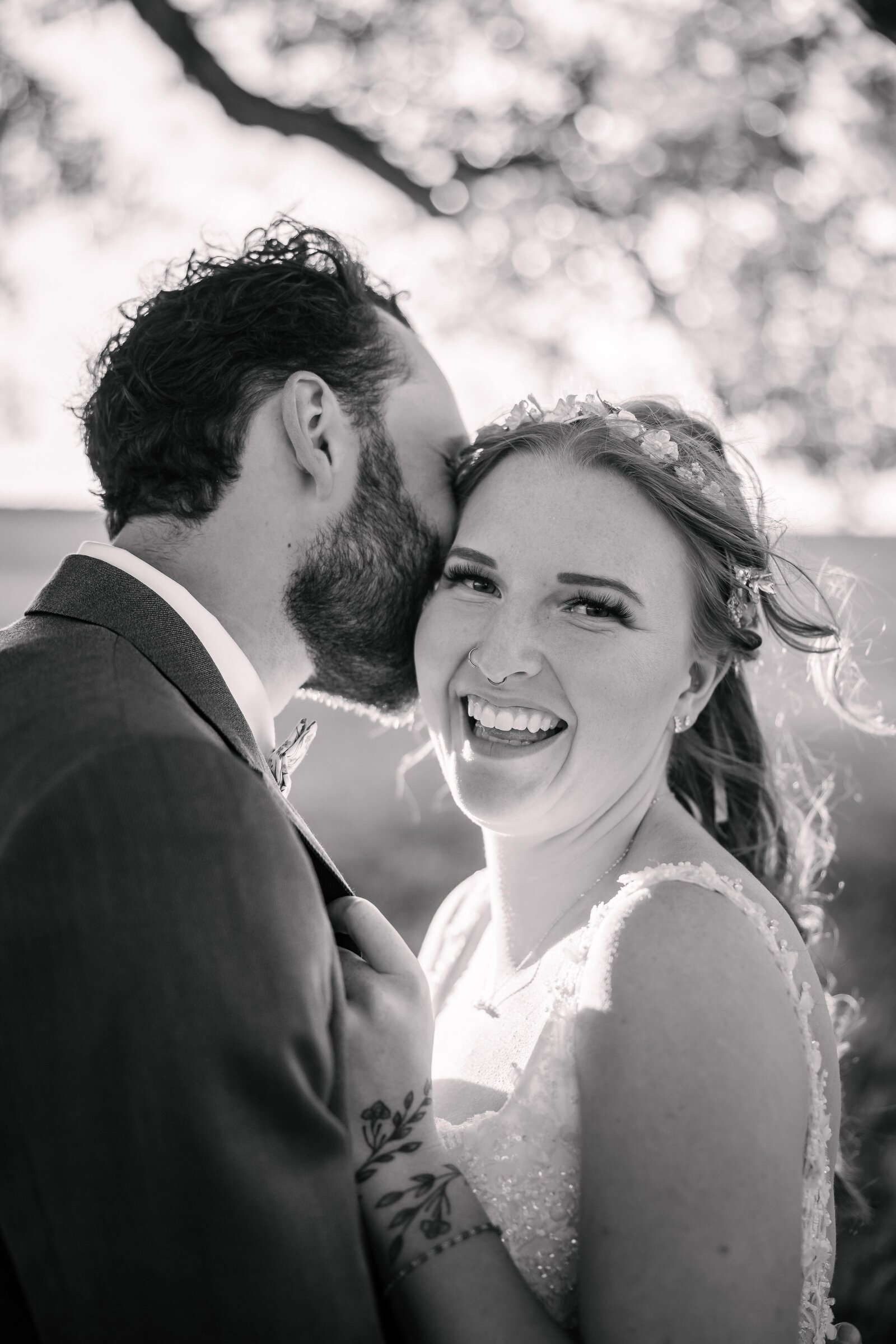 black and white portrait bride and groom