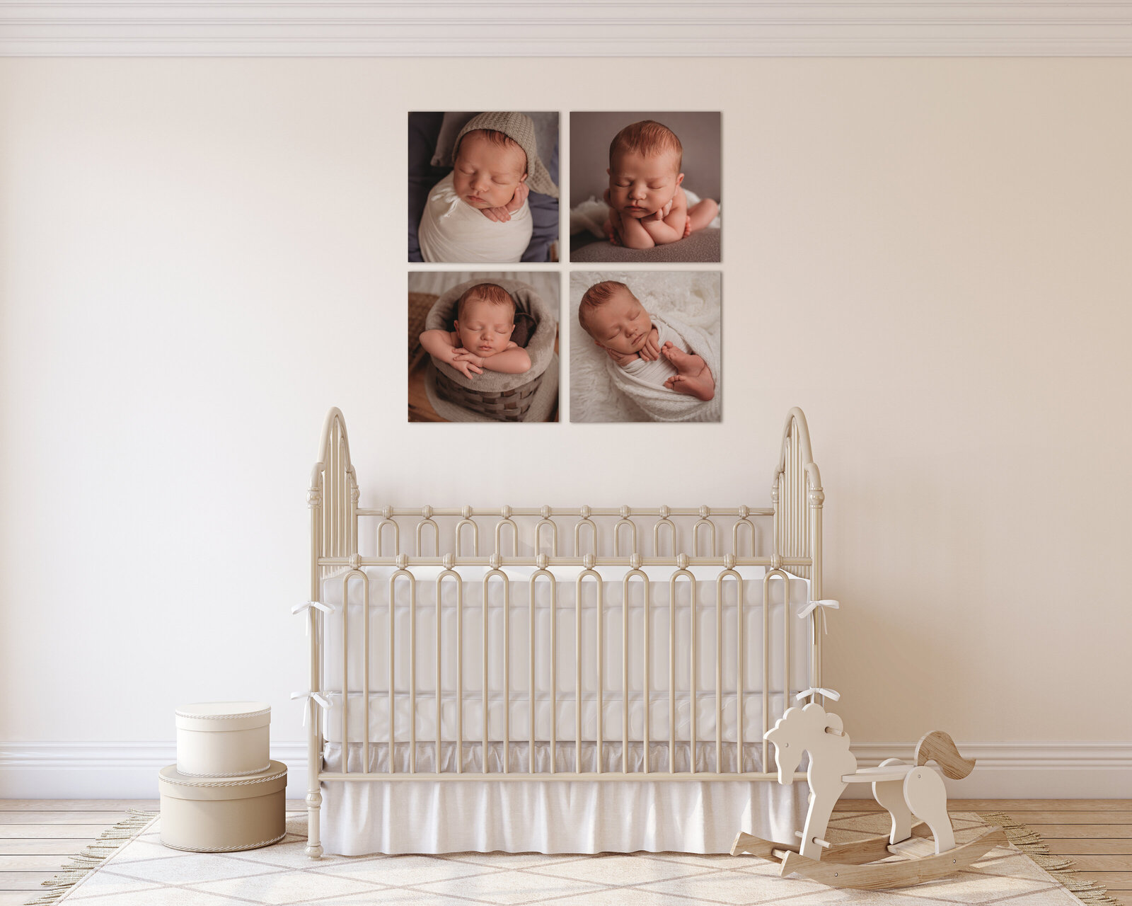 Newborn portrait session wall art hanging in nursery above crib. Four 20x20 portraits.