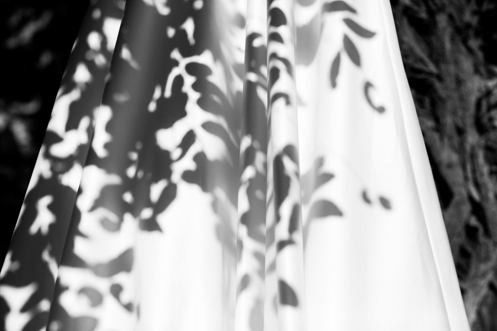Wedding dress with shadows from greenery.