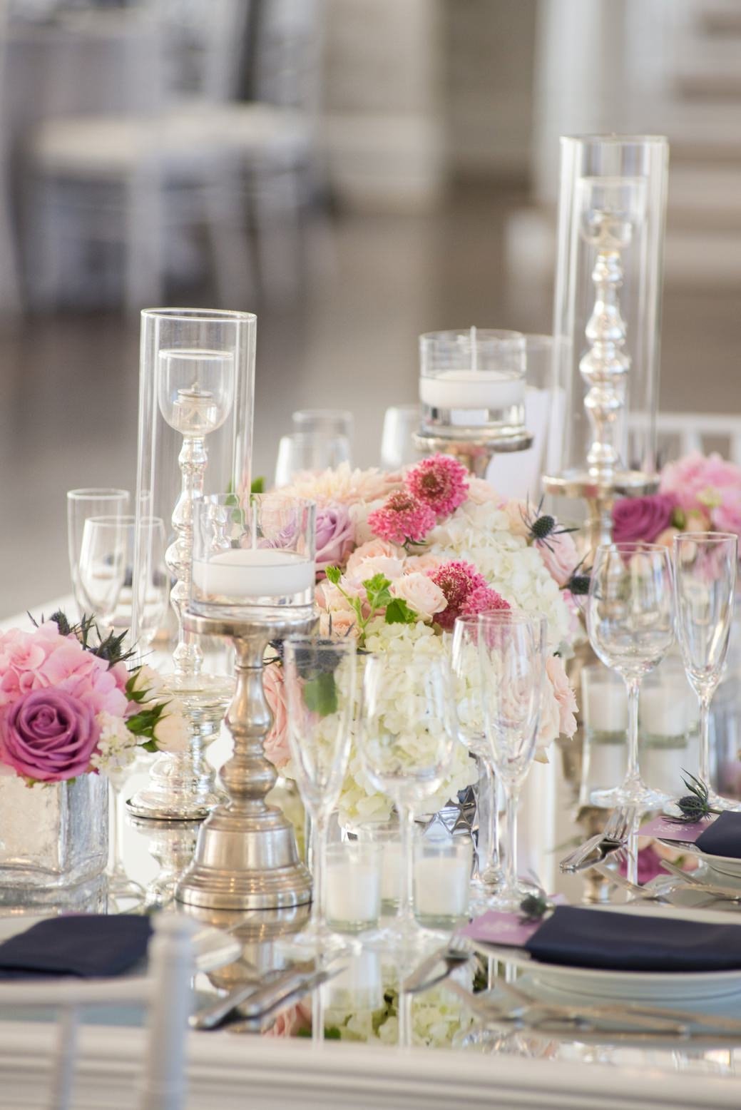 Modern tablescape in purple, blush and navy at Belle Mer in Newport, RI