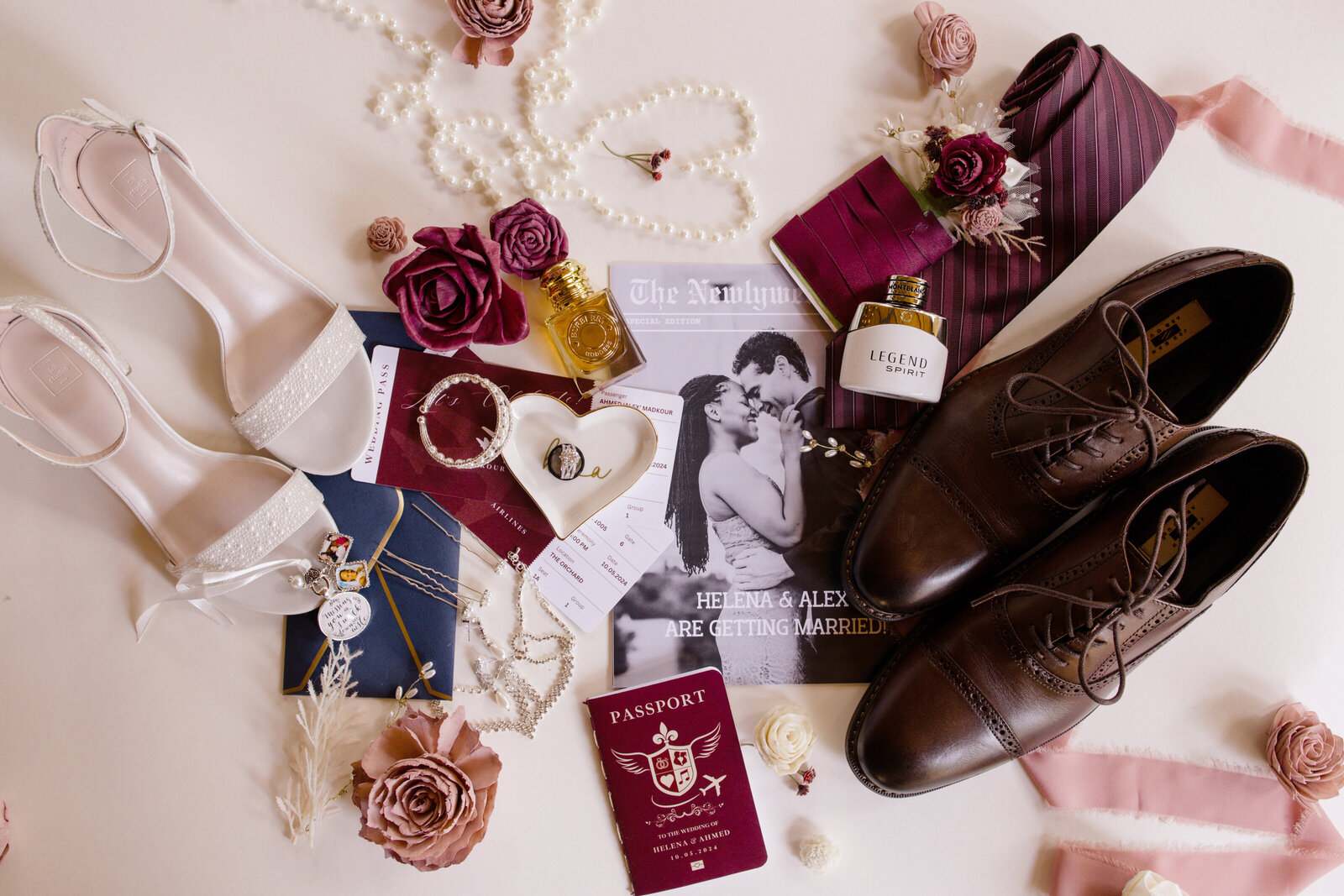 Wedding couples accessories flatlay photography