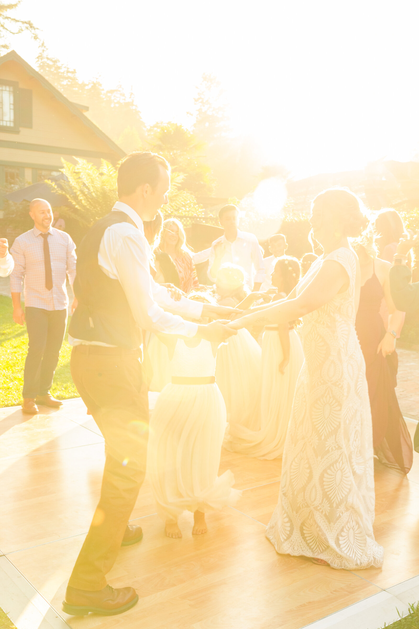 Colorful wedding reception in Santa Cruz, California in the redwood trees.