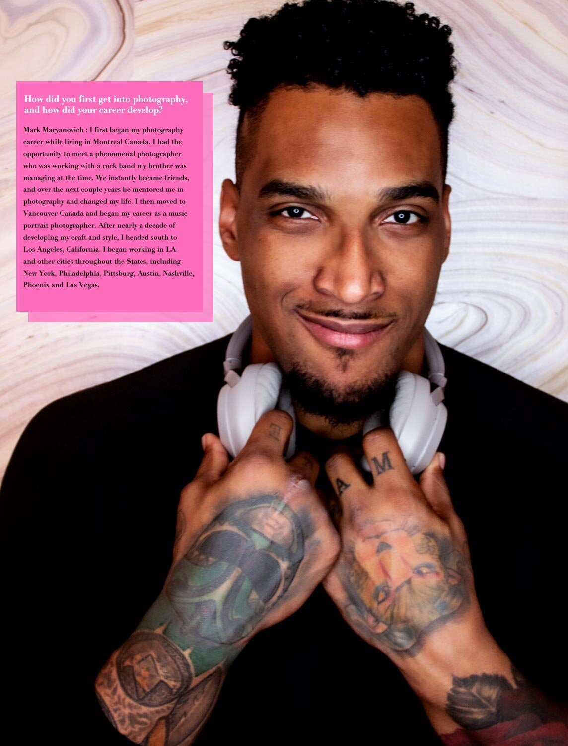 Interview featuring Mark Maryanovich Pump It Up Magazine Los Angeles musician portrait Joe Barksdale smiling while holding headphones around next text in pink box beside him page 5