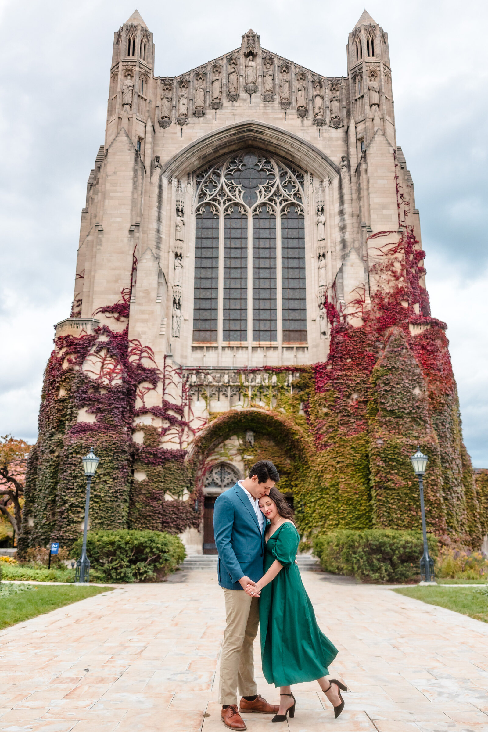 Couple celebrate their engagement  at the University of Chicago in Chicago, Illinois