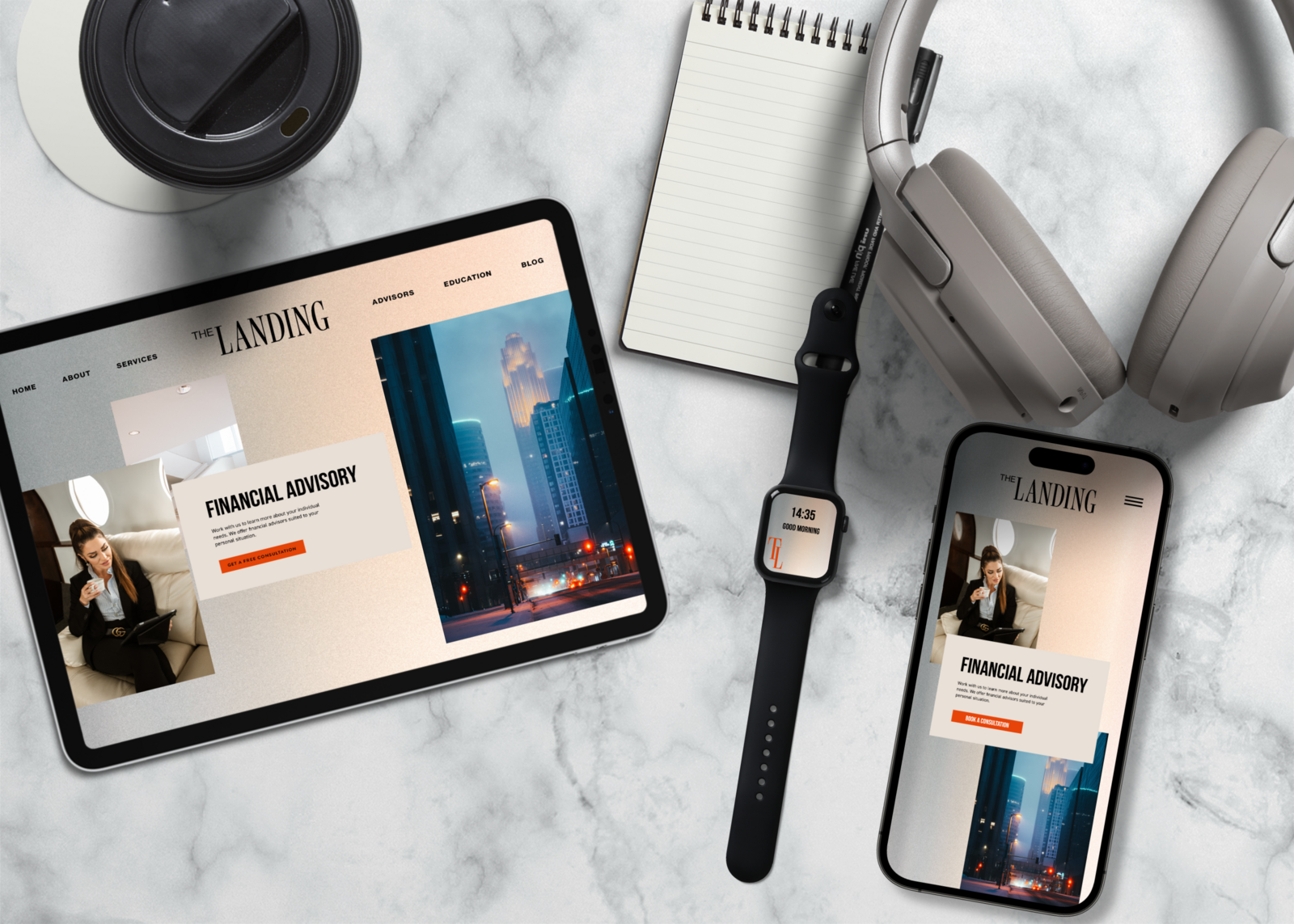 The Landing iPad and iPhone iWatch mockup